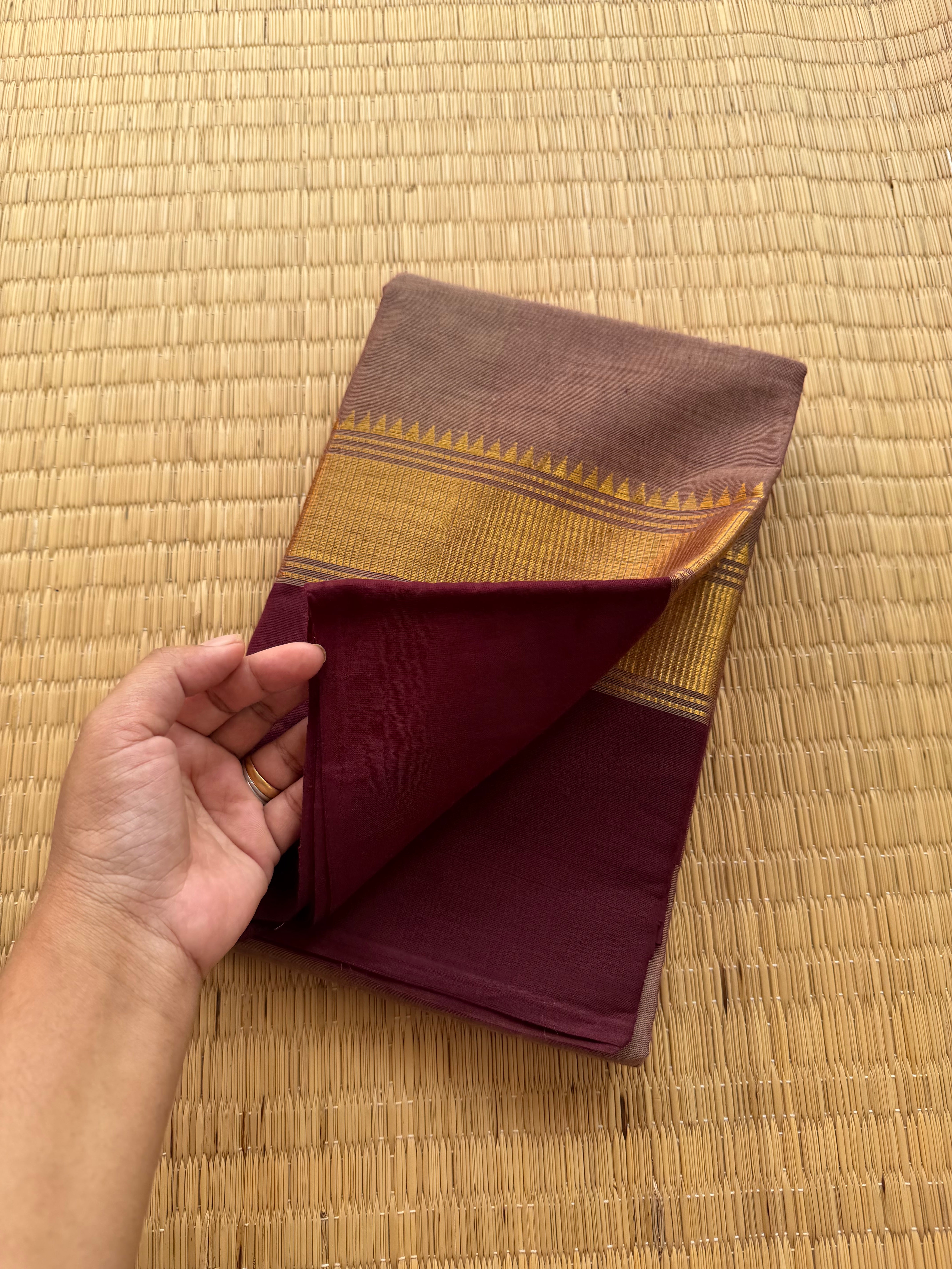 RF176 Biscuit shade with contrast maroon combination Kanchi cotton saree