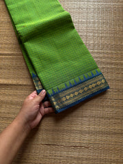 Vintage Podi Kattam ~ Green shade with l blue combination small checks Kanchi cotton saree
