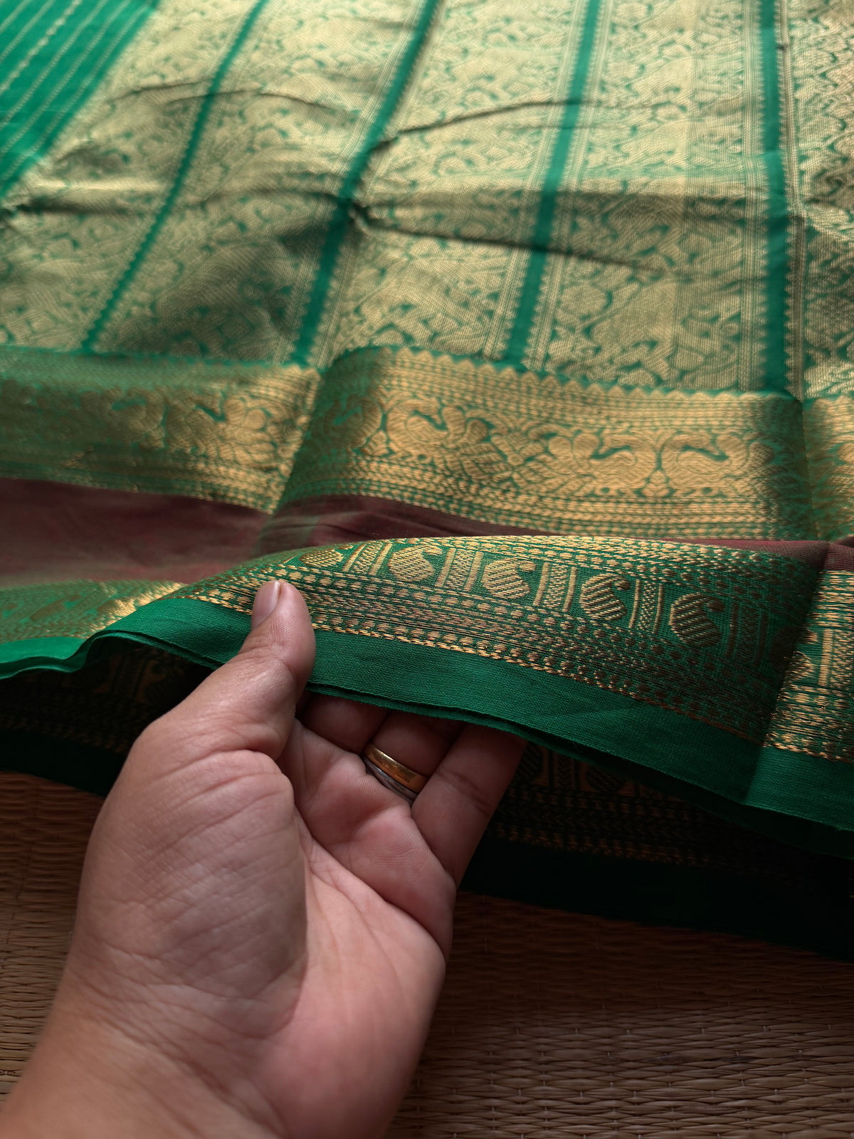 RF1385 Premium Rich Pallu Kanchi Cotton Saree with Vairaoosi pattern & gap border ~ Green