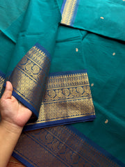 Dark teal blue Kanchi cotton saree with contrast royal blue border Annam pattern with handmade thread buttas