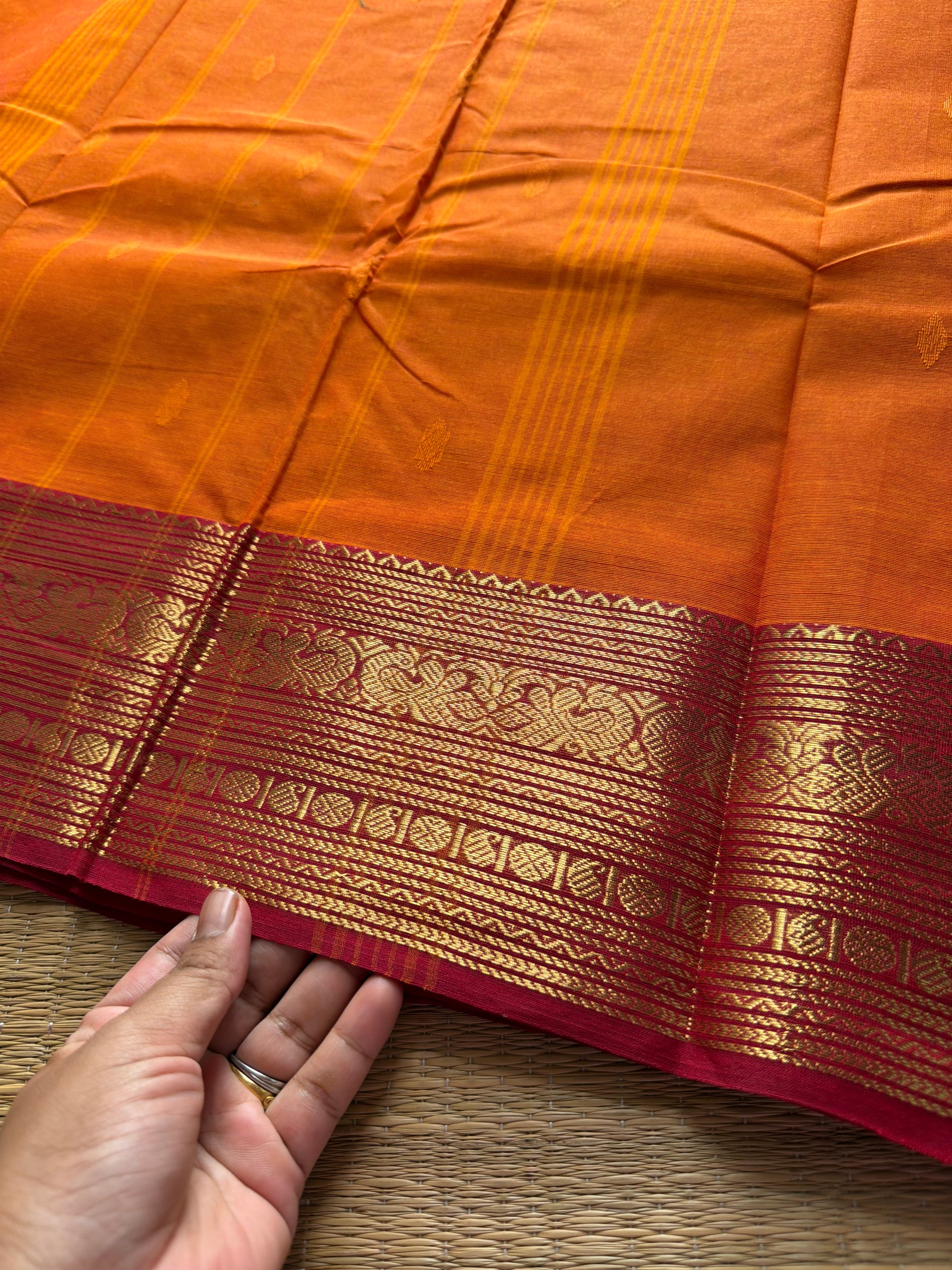 RF610 Dark orange with maroon combination Kanchi cotton saree with handmade thread buttas