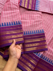 Pastel pink with contrast purple combination Kanchi cotton saree with vertical stripped pattern & mango Zari border