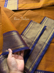 RF96 Mustard Orange Shade With Contrast Purple Korvai Zari Border Kanchi Cotton Saree