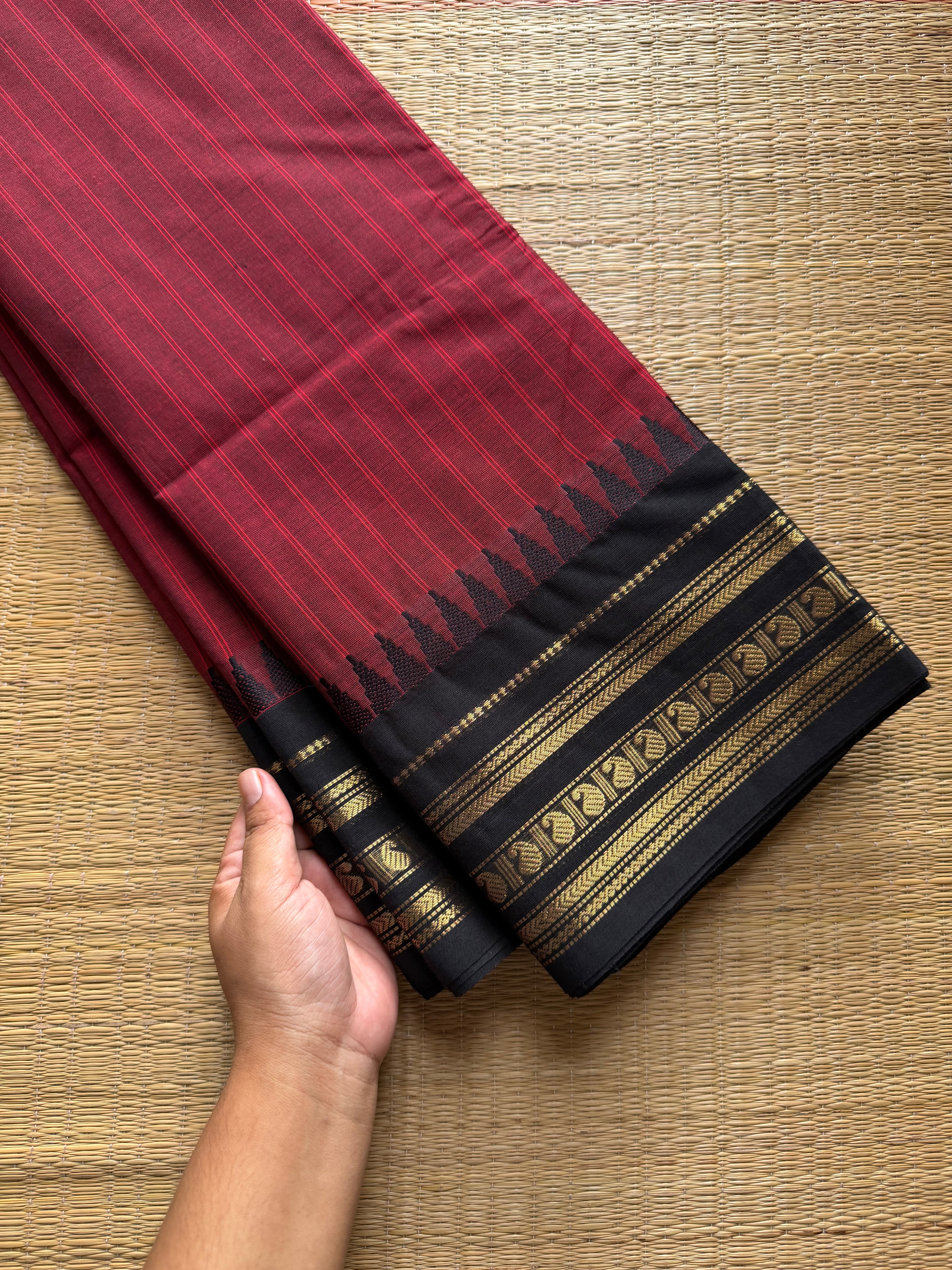 RF741 Maroon with black combination Kanchi cotton saree with vertical stripped pattern & mango Zari border