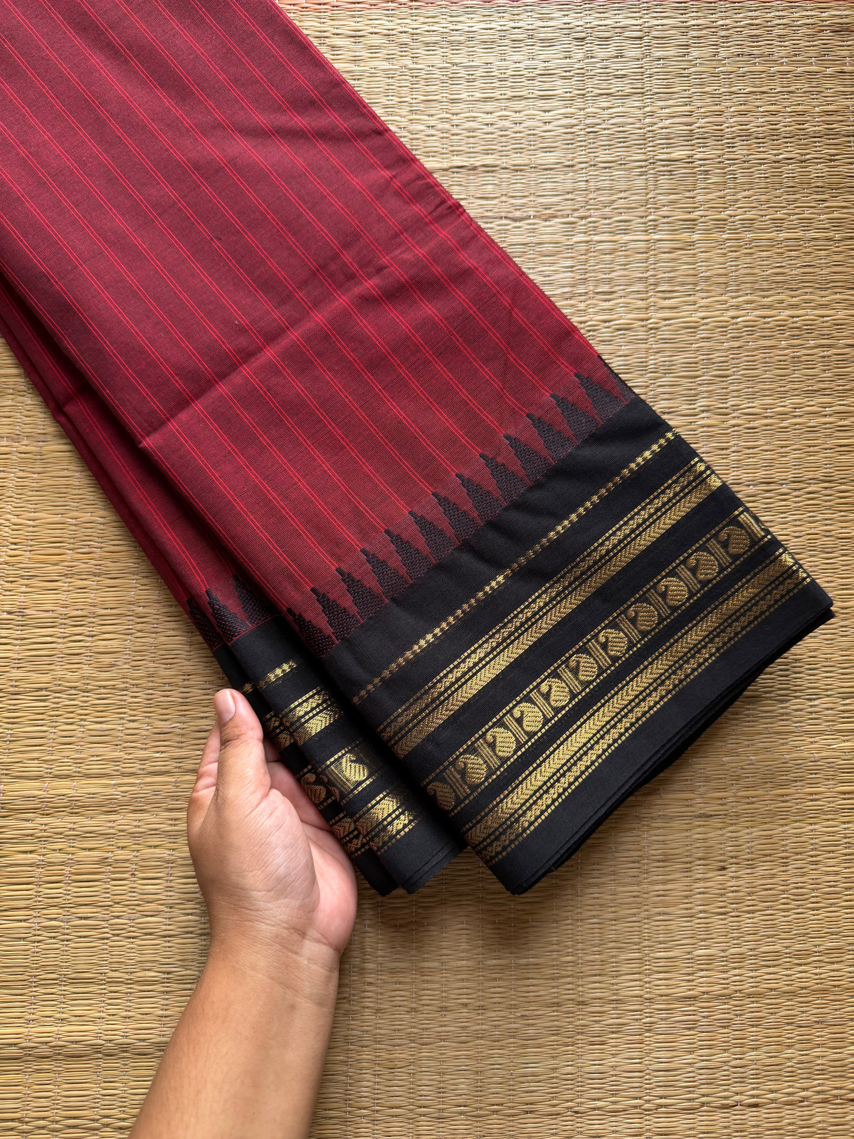 RF741 Maroon with black combination Kanchi cotton saree with vertical stripped pattern & mango Zari border