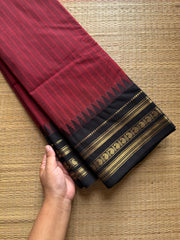 RF741 Maroon with black combination Kanchi cotton saree with vertical stripped pattern & mango Zari border
