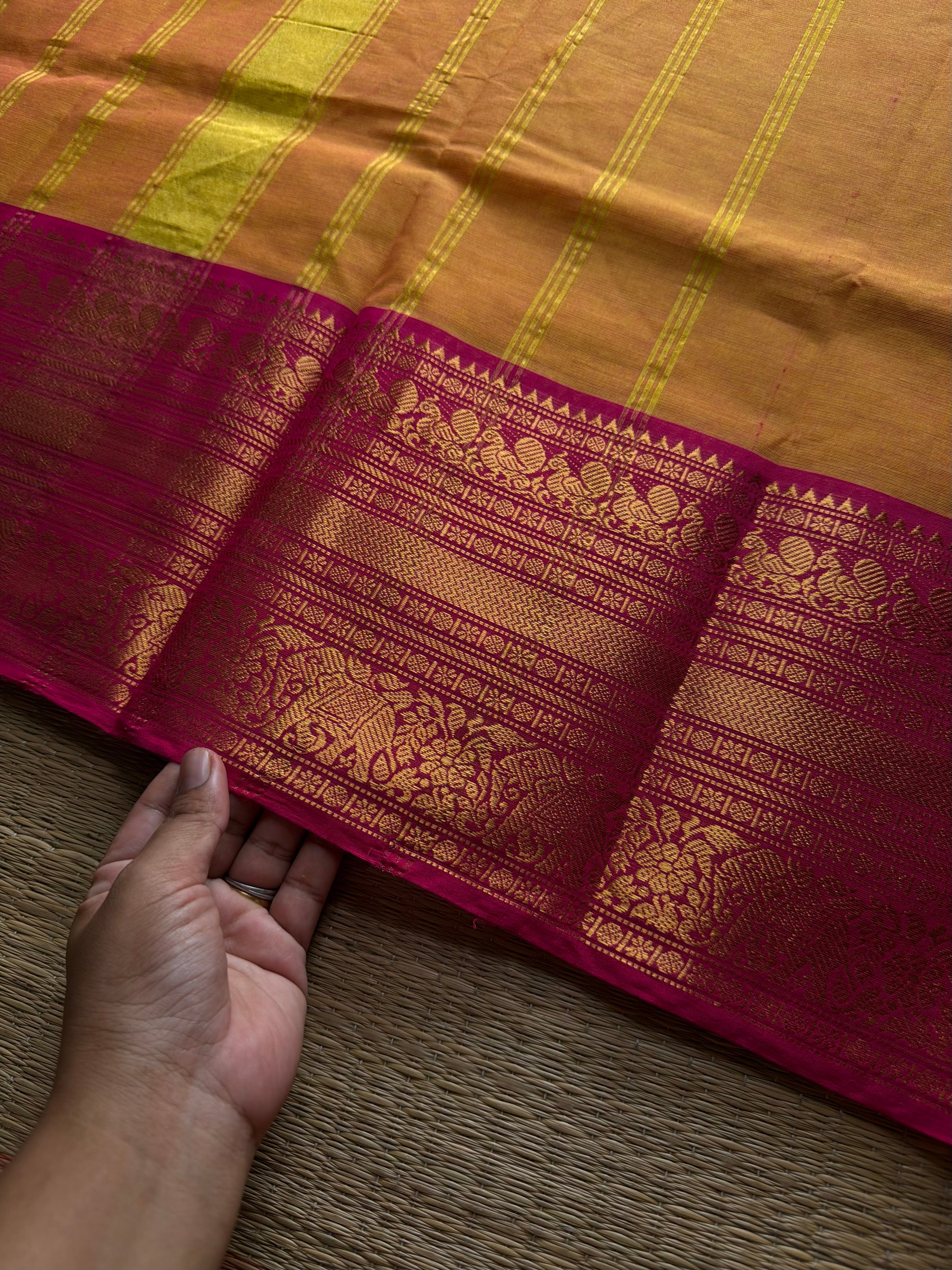 RF884 Mango shade with pink combination Kanchi cotton saree
