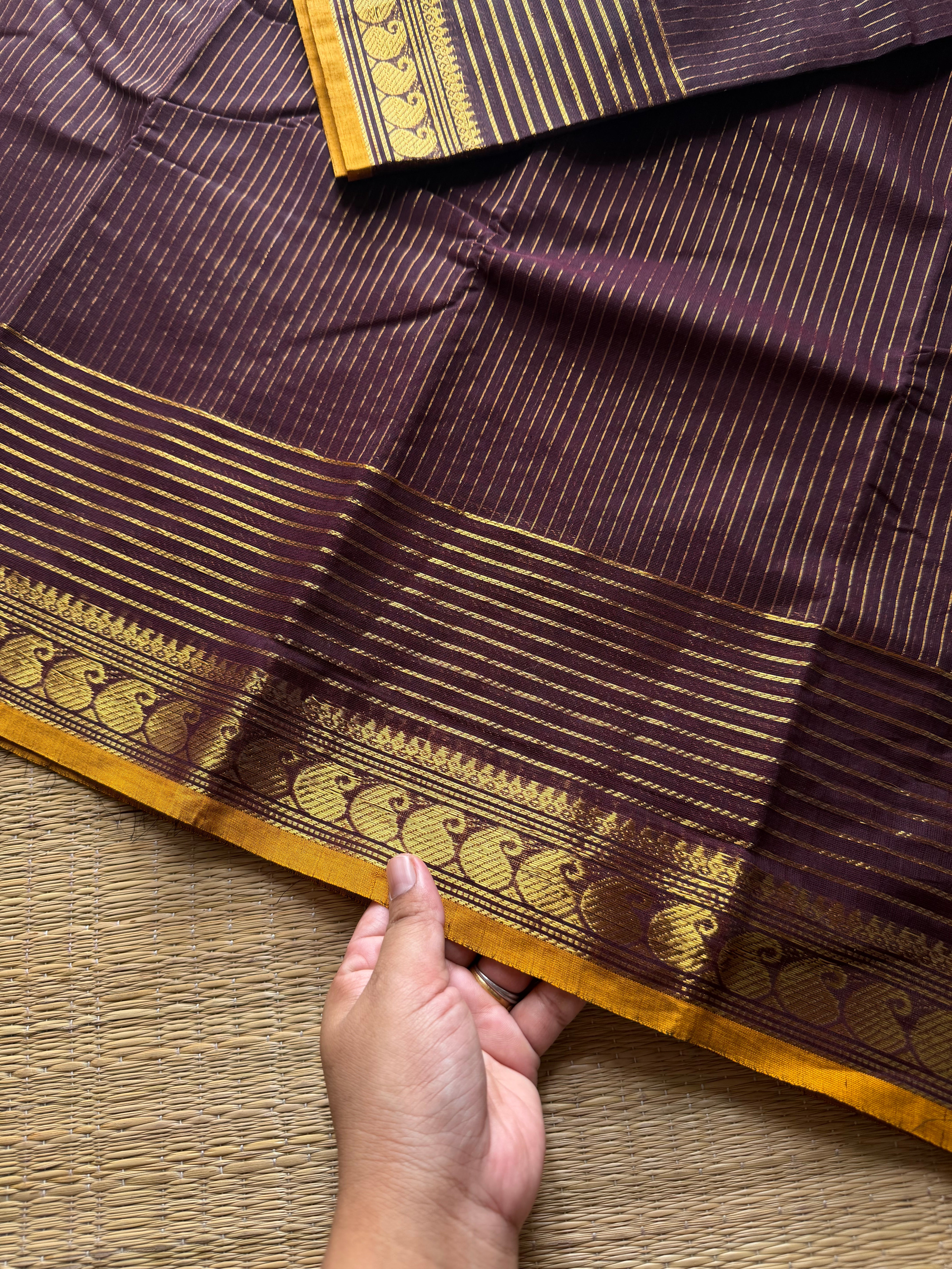 RF582 Coffee brown ~ Vairaoosi pattern Kanchi cotton saree with small contrast mango Zari border