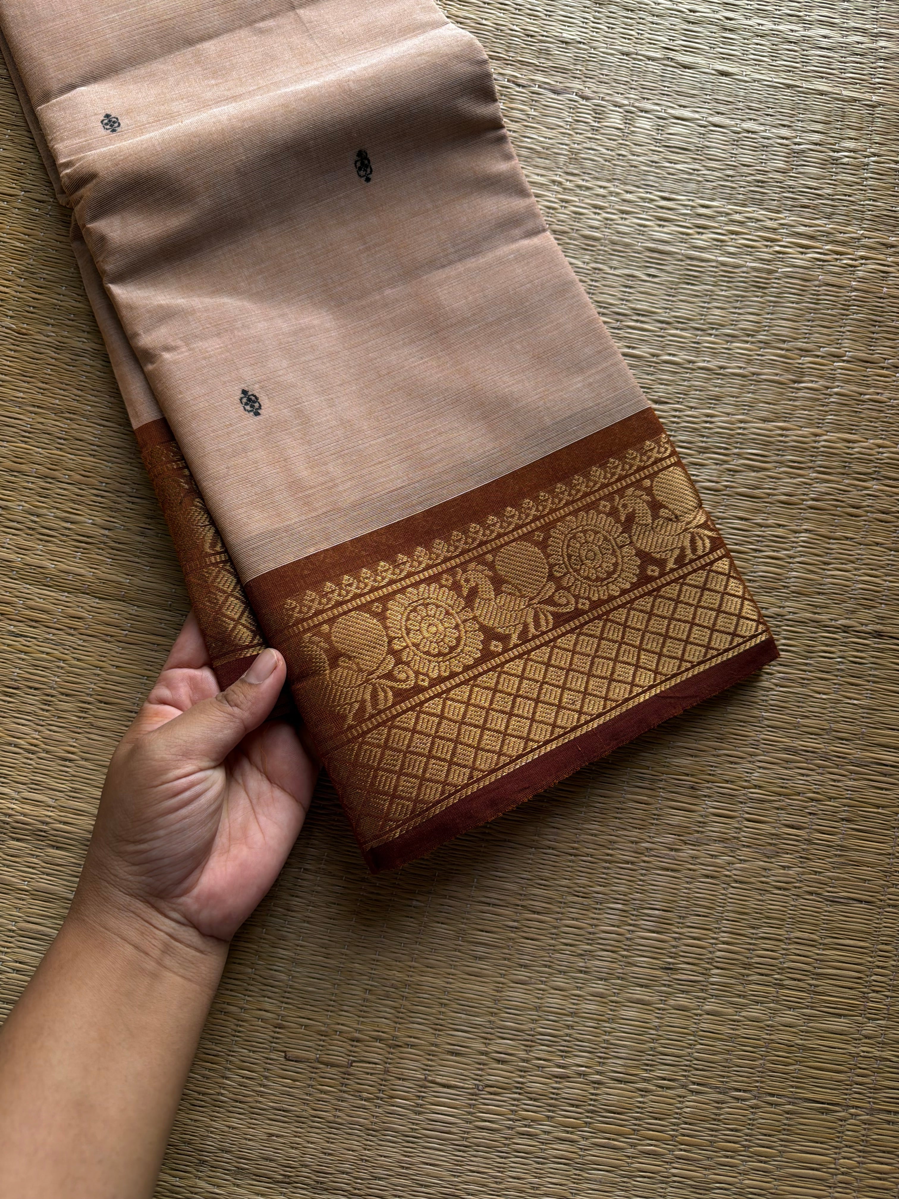 RF1128 Beige shade ~ Kanchi Cotton Saree with handmade thread buttas