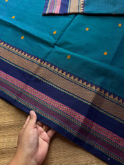 RF804 Peacock blue shade thread border Kanchi cotton saree with handmade thread buttas