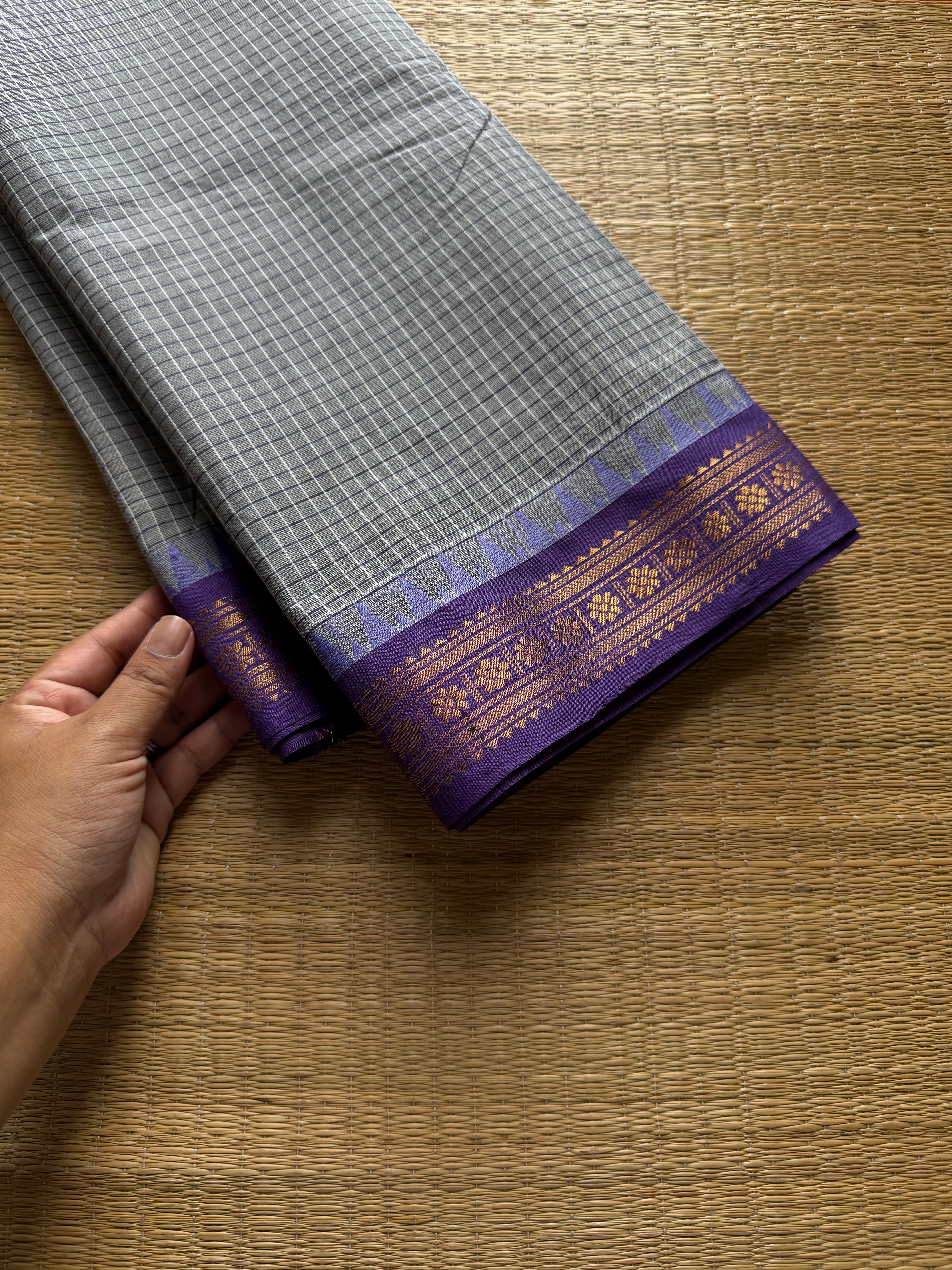 RF815 Dual tone grey with lavender combination Kanchi cotton Podikattam / small checks Kanchi cotton saree
