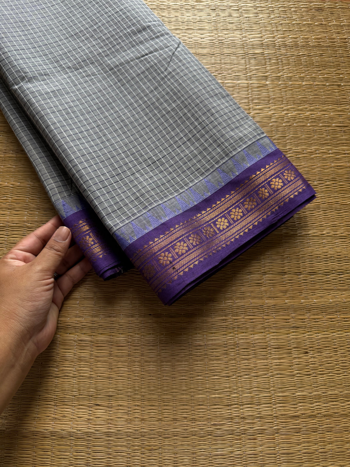 RF815 Dual tone grey with lavender combination Kanchi cotton Podikattam / small checks Kanchi cotton saree