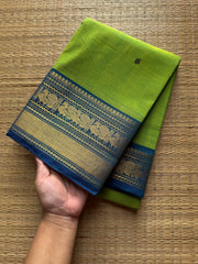 Green with blue combination Kanchi cotton saree with handmade thread buttas