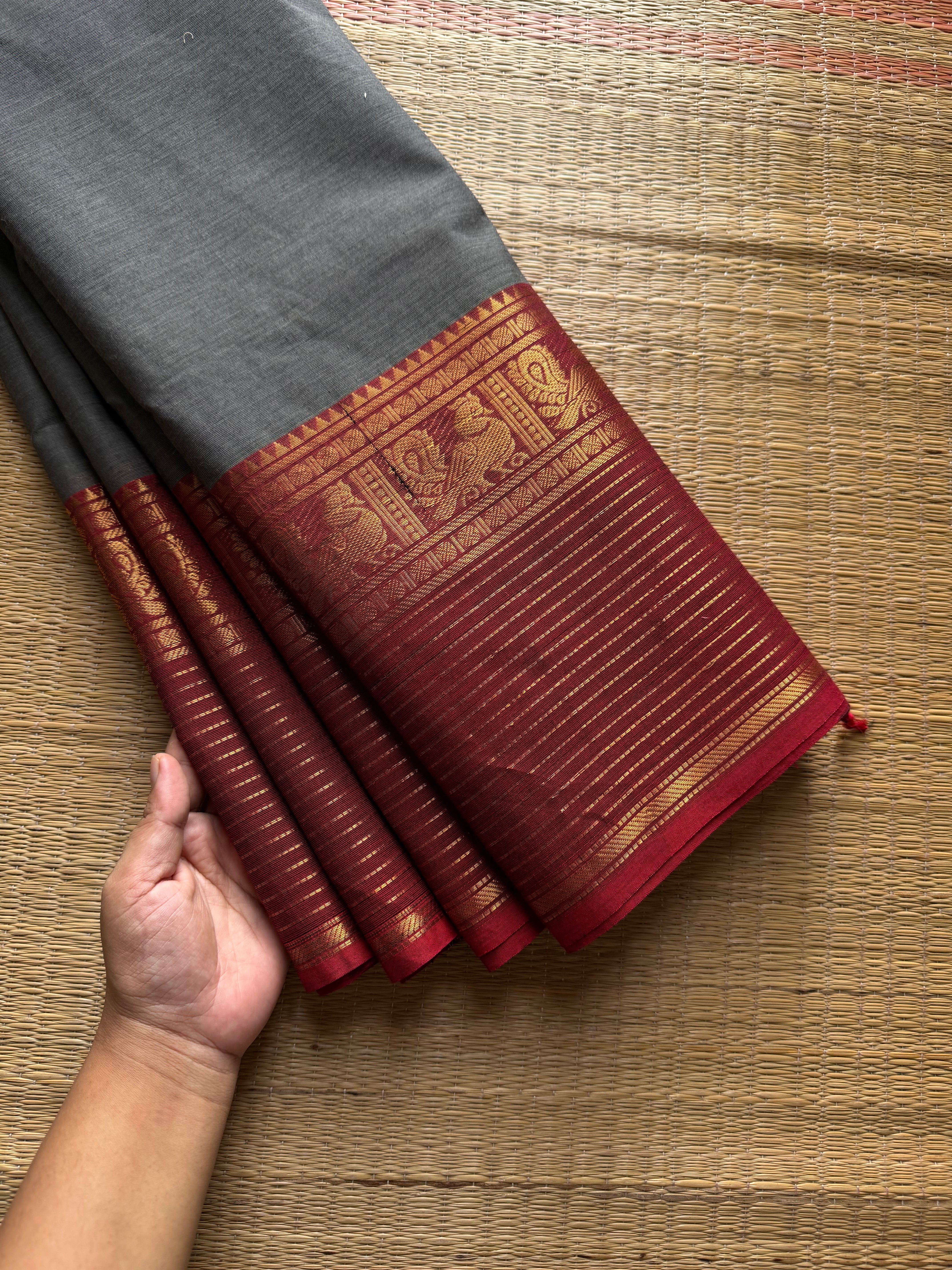 RF1165 Grey with Reddish Maroon / long border Kanchi cotton saree ~ Silk Saree Inspired