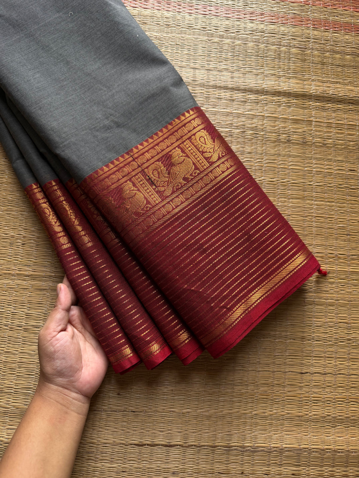 RF1165 Grey with Reddish Maroon / long border Kanchi cotton saree ~ Silk Saree Inspired