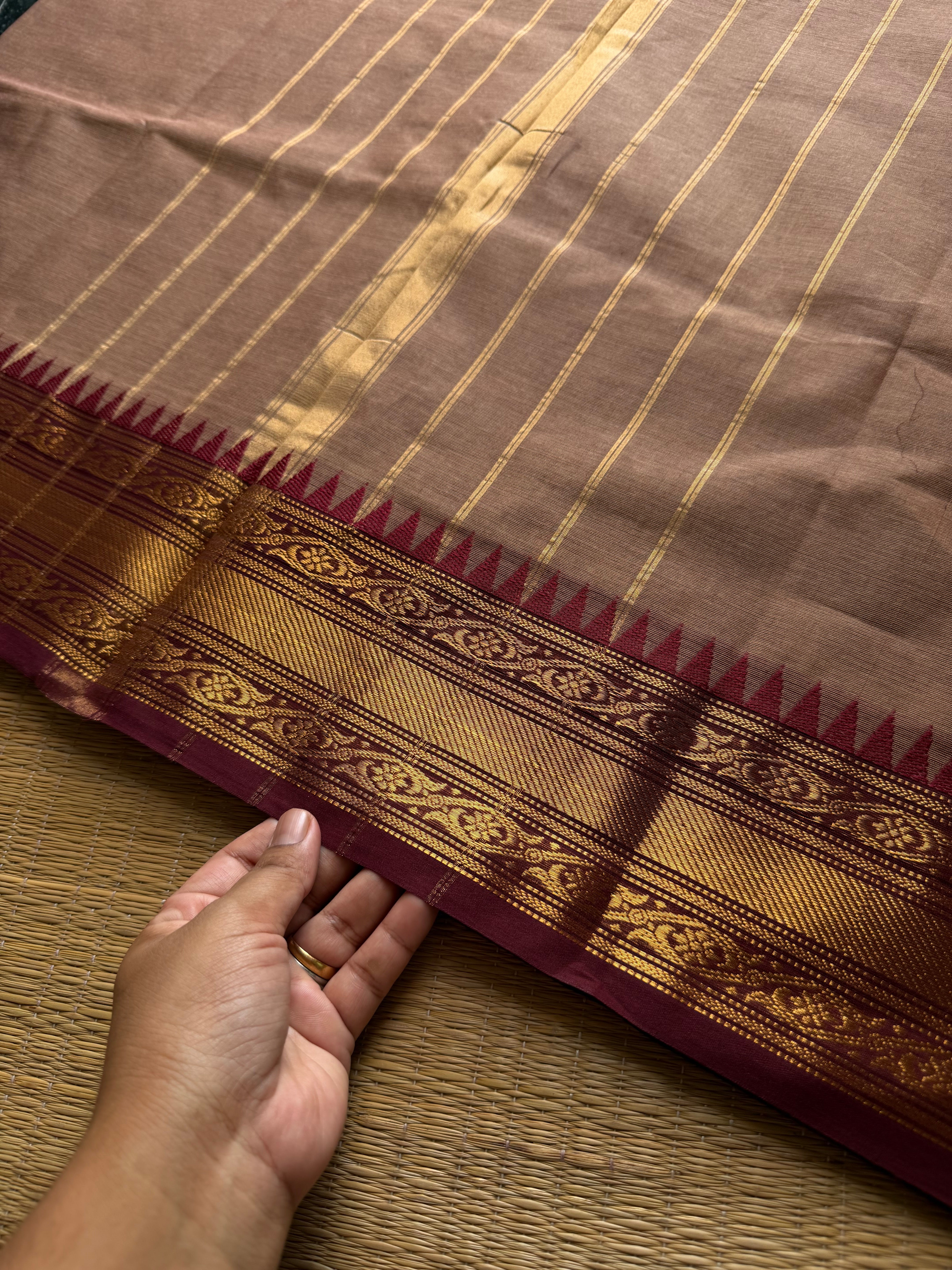 RF705 Biscuit shade with brown  ~ Medium Size Border Kanchi Cotton Saree