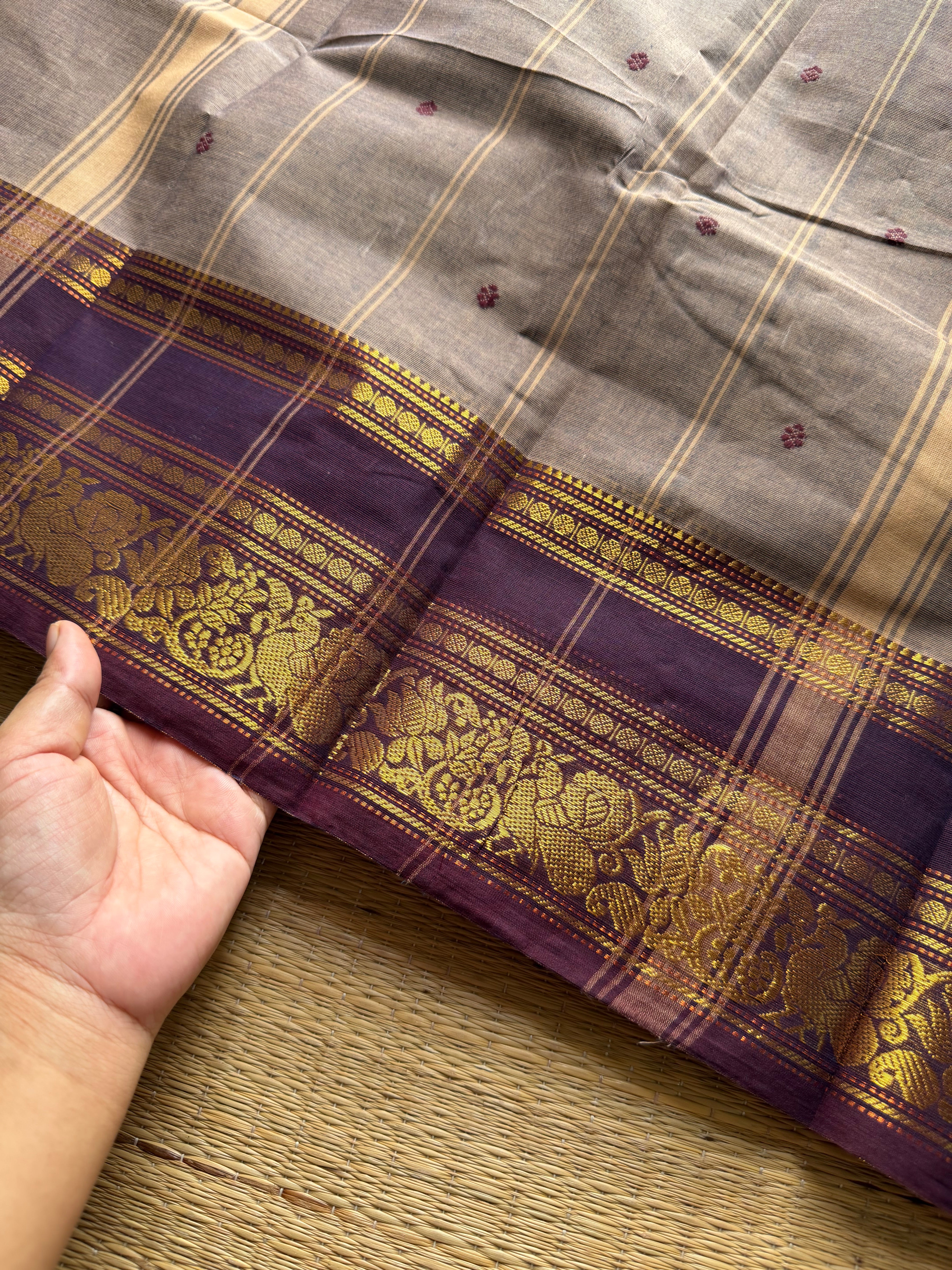 RF1196 Dual tone grey shade Kanchi cotton saree with handmade thread buttas