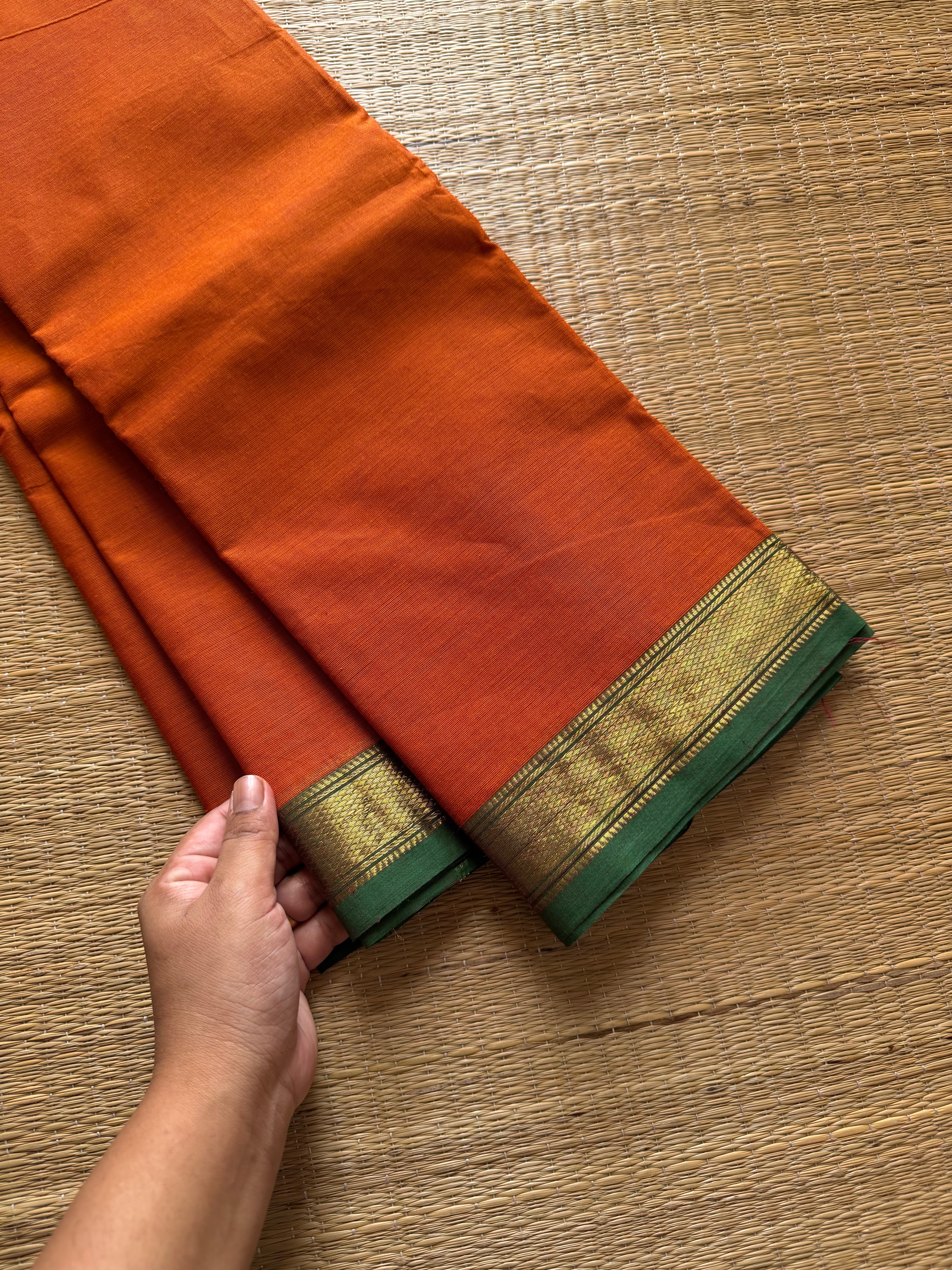 RF434 Orange with green combination small border Kanchi cotton saree