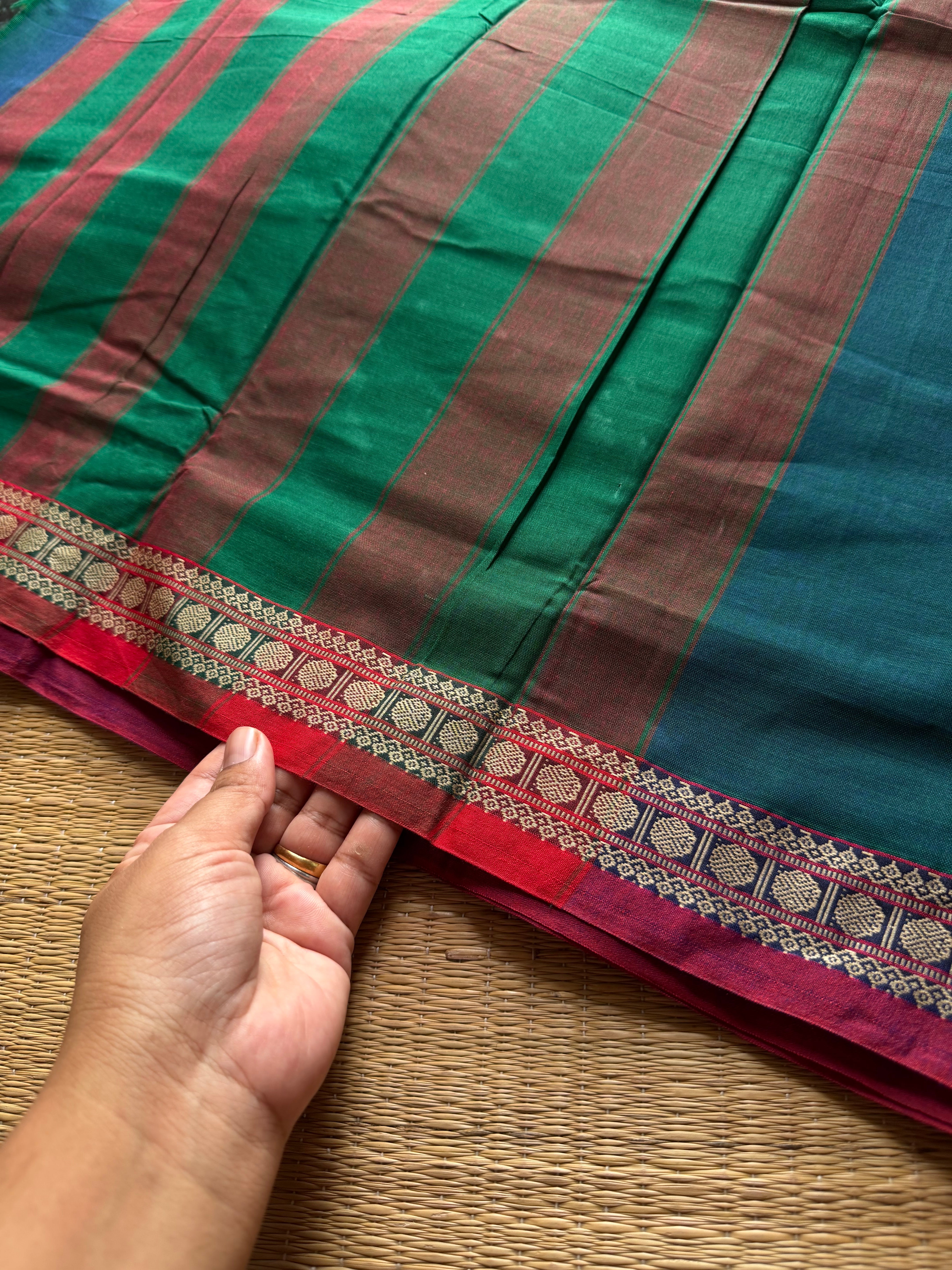 RF795 Peacock blue shade Mercerised Narayanpet cotton saree with small border