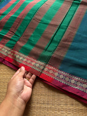 RF795 Peacock blue shade Mercerised Narayanpet cotton saree with small border