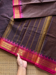 RF437 Brown shade Podikattam Kanchi cotton saree with contrast pink small zari border