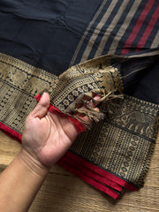 RF1435 Black ~ Mercerised Narayanpet big thread border soft cotton saree
