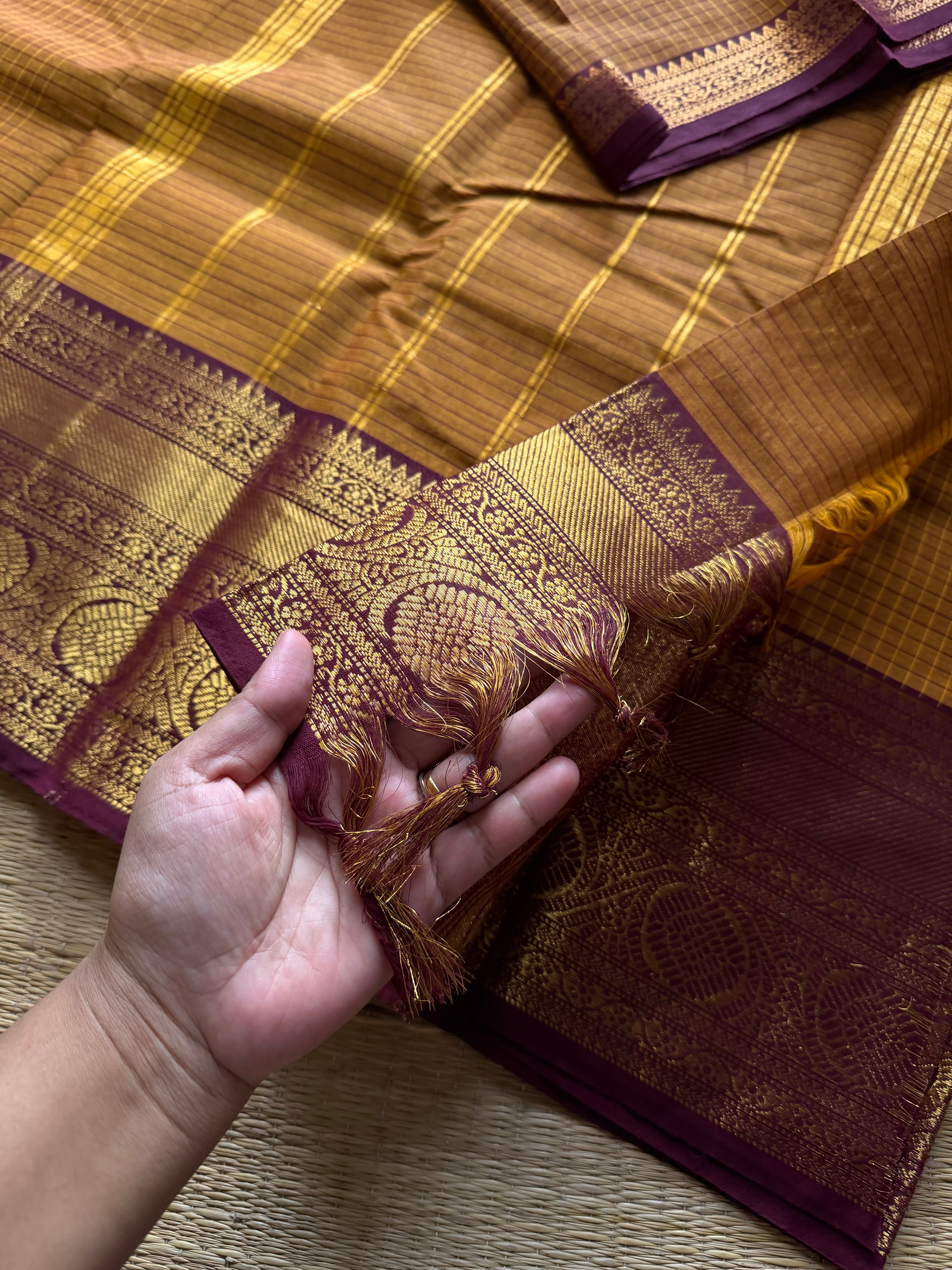 RF1297 Kattam Edition ~ Dual shade Mustard with brown combination Kanchi cotton saree with checks pattern