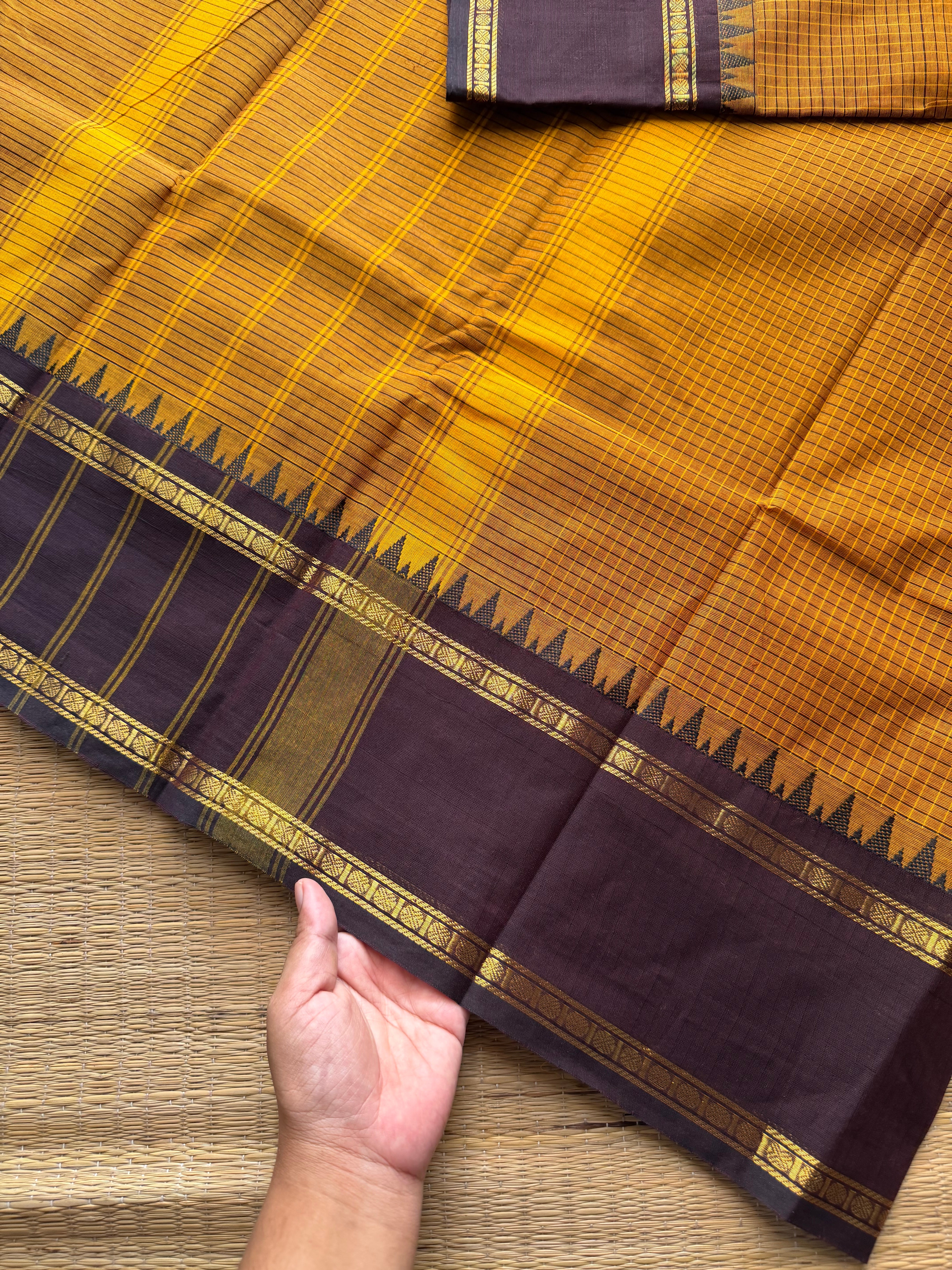 RF720 Vintage edition ~ Mustard yellow with brown Kanchi cotton saree with podi kattam / small checks pattern