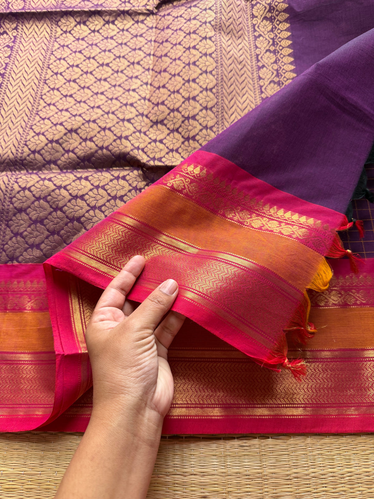RF66 Purple shade Premium Kanchi Cotton saree with checks pattern & With Rich Zari woven Pallu