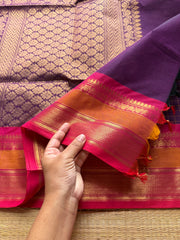 RF66 Purple shade Premium Kanchi Cotton saree with checks pattern & With Rich Zari woven Pallu