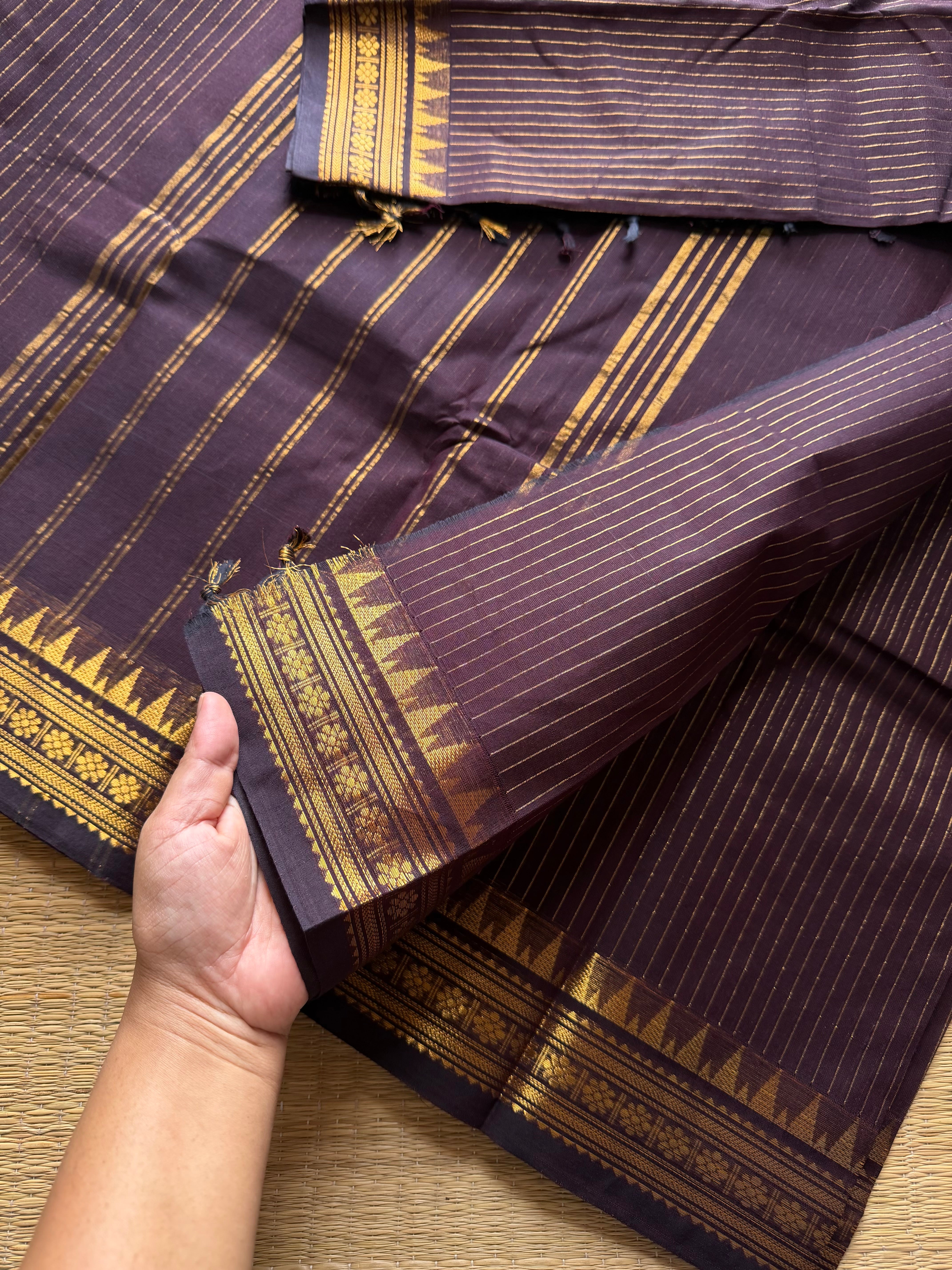 RF481 Monotone Coffee brown shade Kanchi cotton saree with silk saree inspired fully Vaira Oosi pattern and small golden Zari border