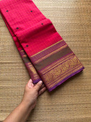 RF719 Kattam edition ~ Rani pink shade Kanchi cotton saree with checks pattern and handmade thread buttas