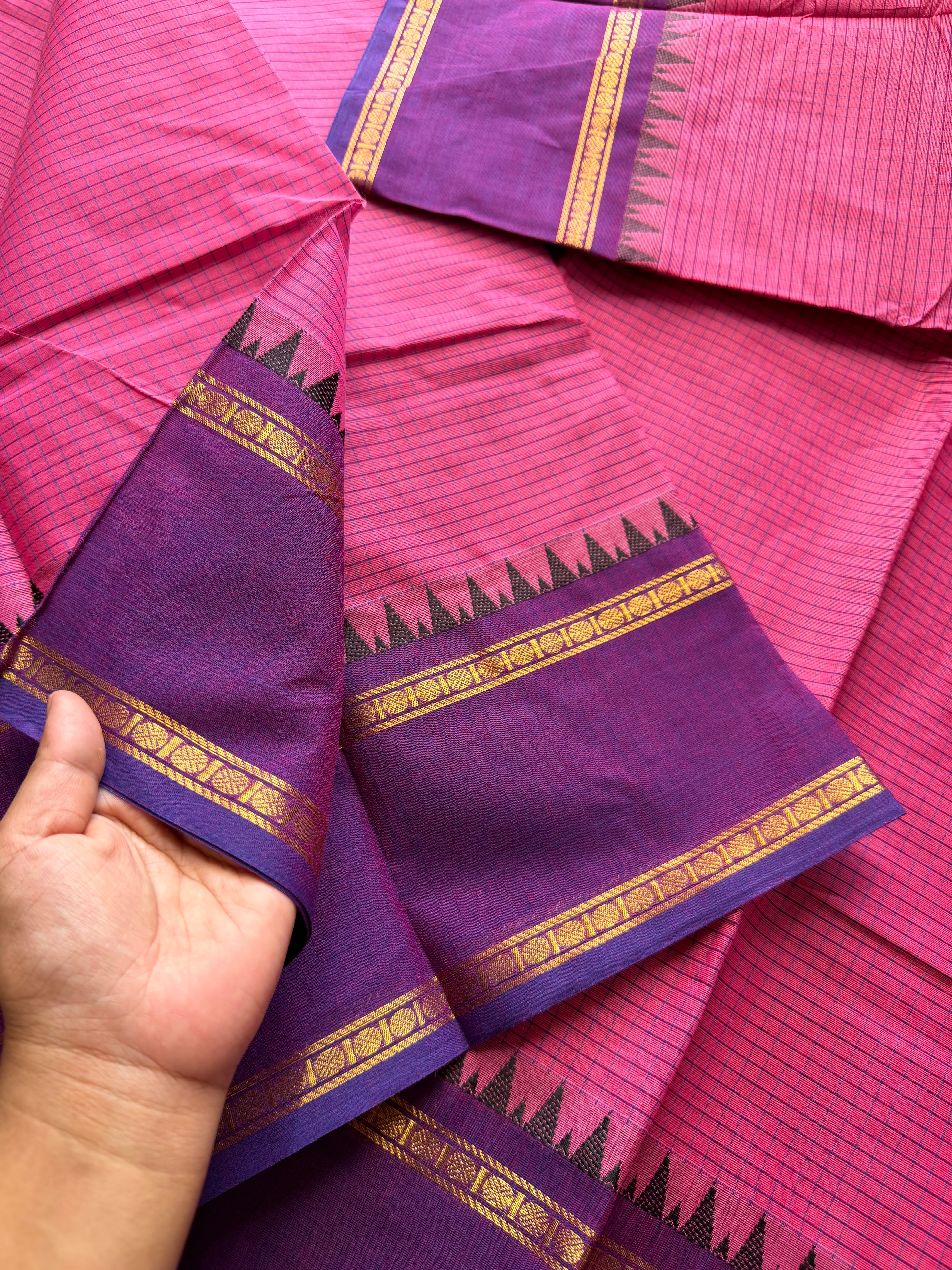 RF236 Pink & Purple combination vintage border Podi Kattam Kanchi cotton saree