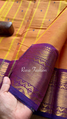 RF88 Dual tone orange shade with contrast  Purple border kanchi cotton saree with Handmade Thread Buttas