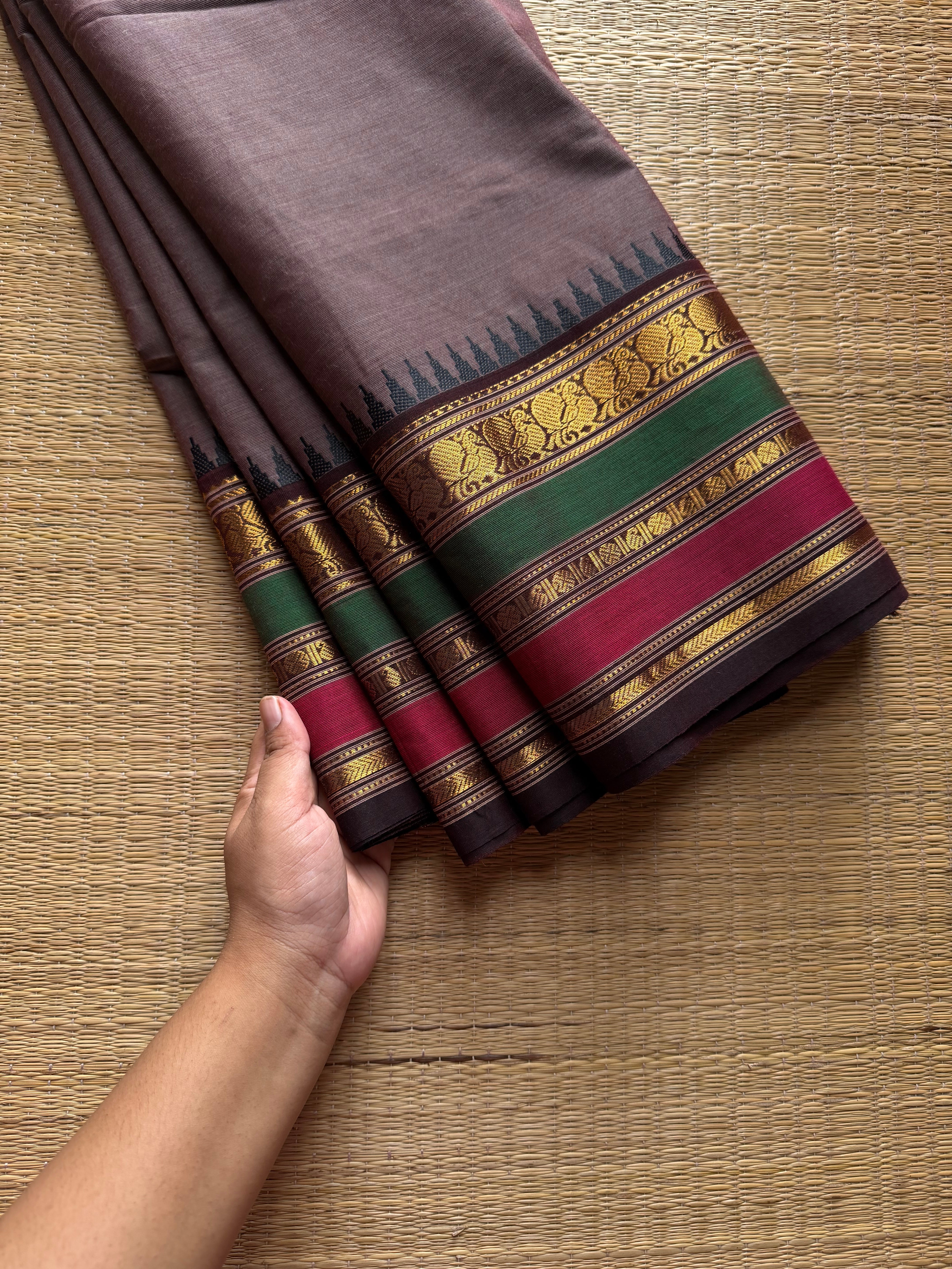Grey shade Kanchi cotton saree with silk saree inspired Varisaipet Border
