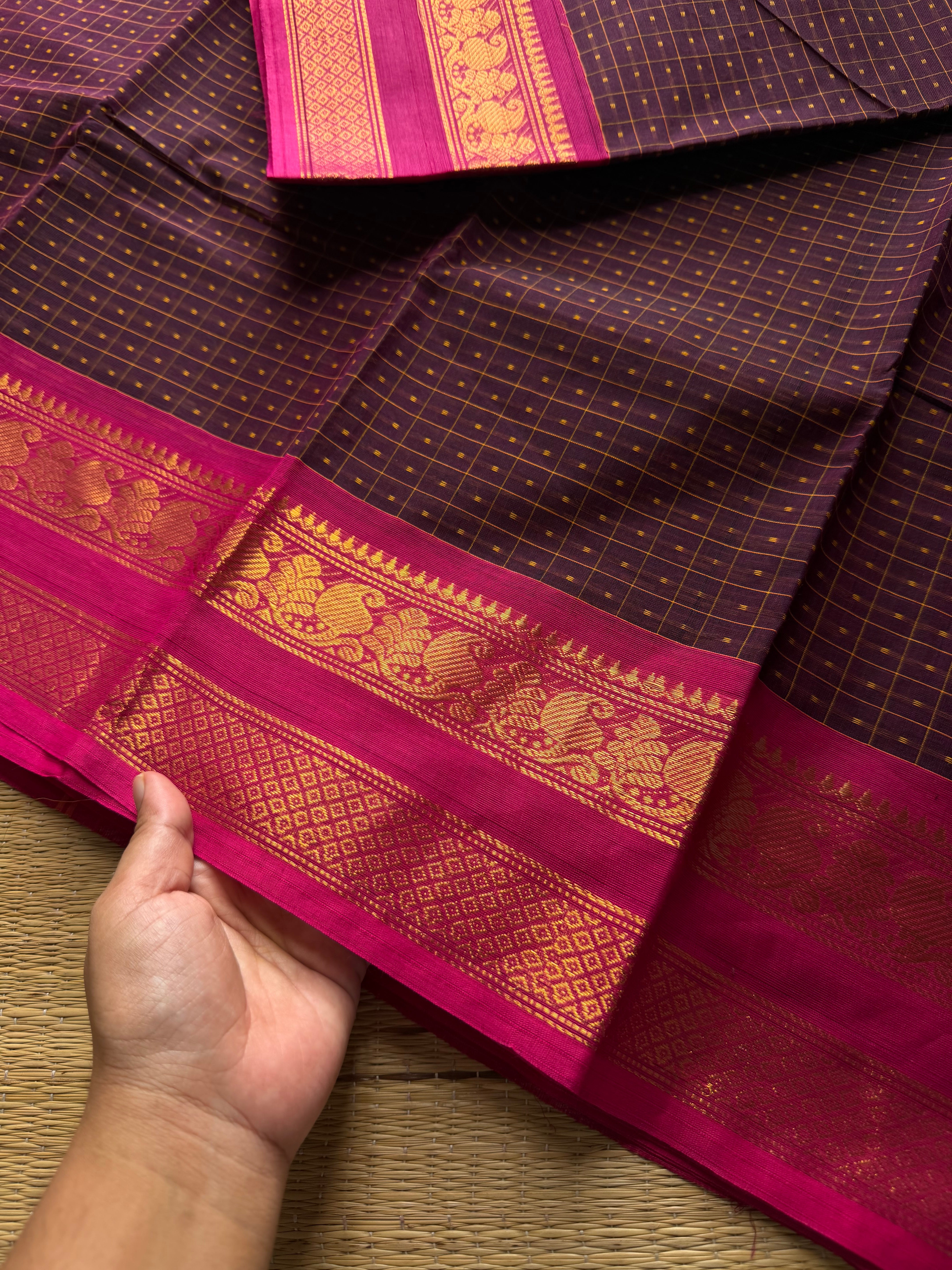 RF807 Lakshadeepam / 1000 Buttas checks / Kattam pattern Kanchi cotton saree :Jamun shade