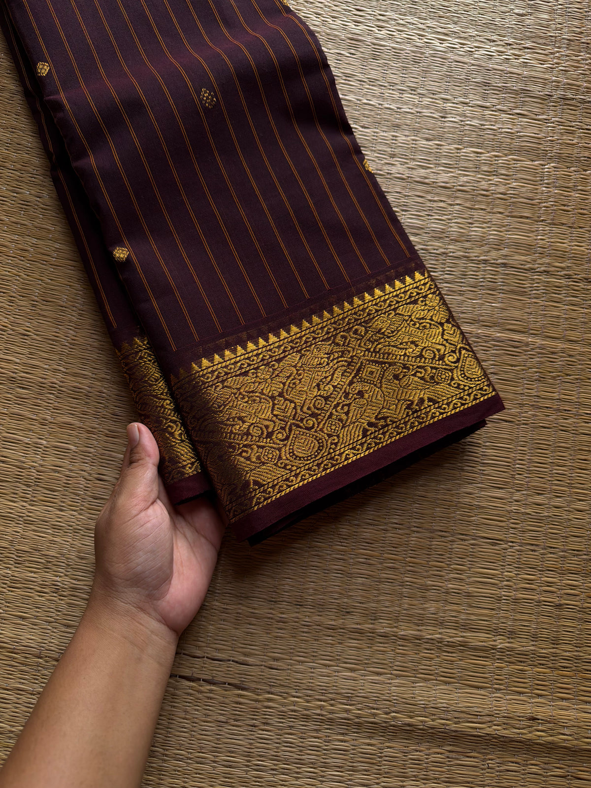 RF1337 Deep coffee brown ~ Premium Kanchi cotton saree with Vanasingaram border and handmade golden zari buttas