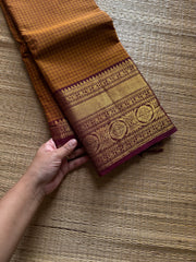 RF1297 Kattam Edition ~ Dual shade Mustard with brown combination Kanchi cotton saree with checks pattern