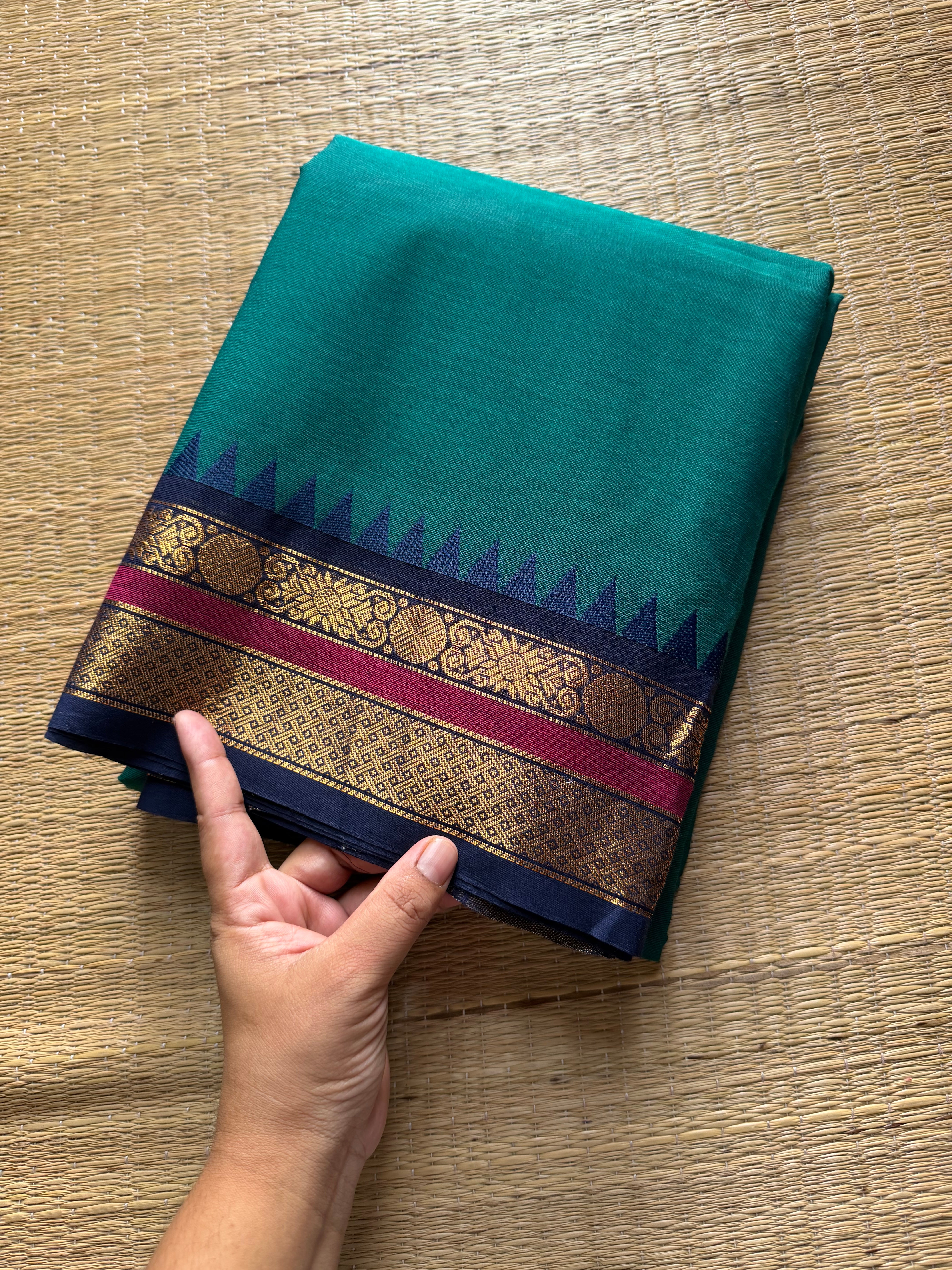 RF284 Peacock blue shade Kanchi cotton saree with small Zari border