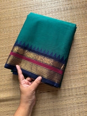 RF284 Peacock blue shade Kanchi cotton saree with small Zari border