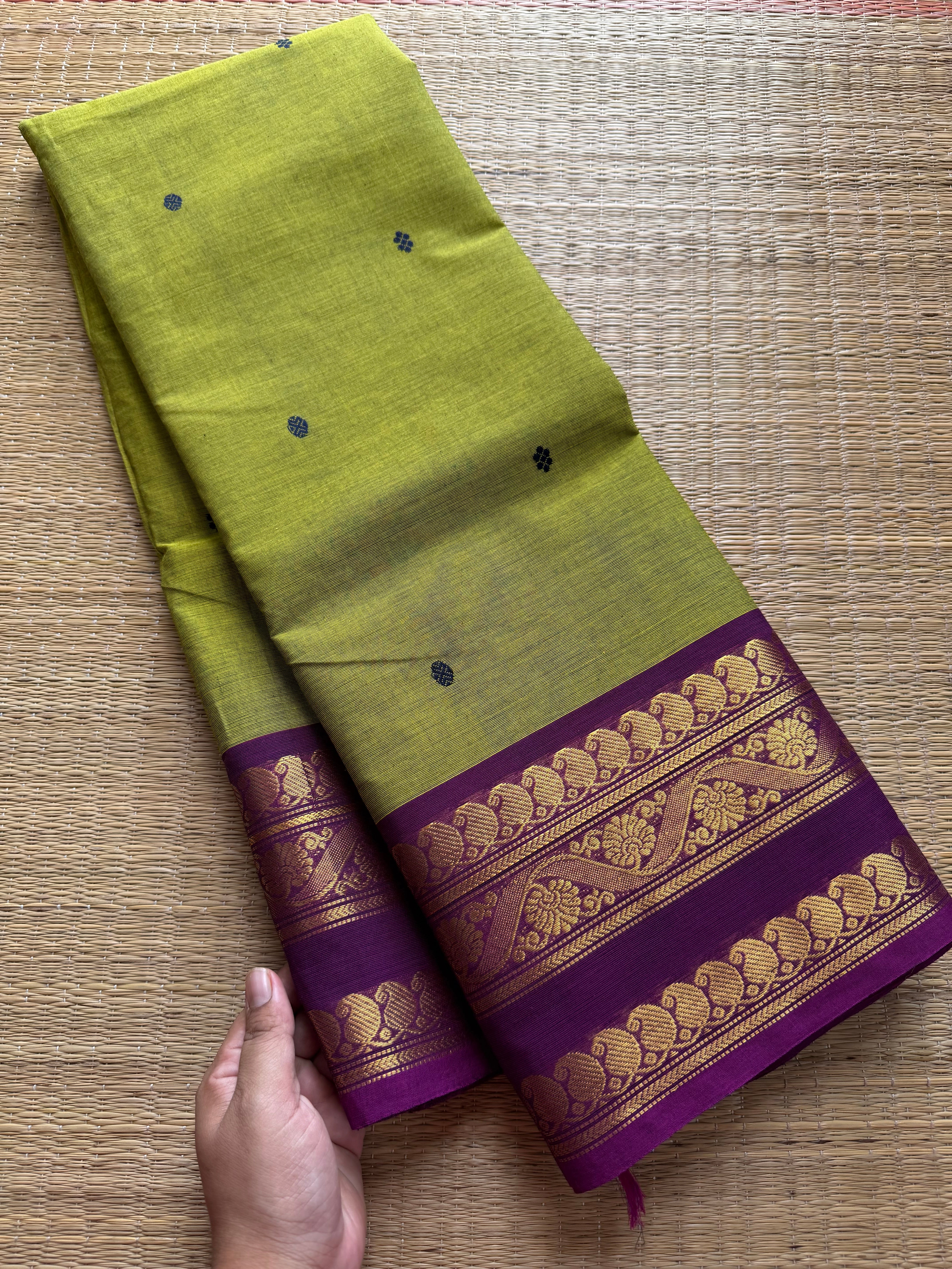 RF369 Green with contrast purple combination mango and floral pattern border Kanchi cotton saree with handmade thread buttas
