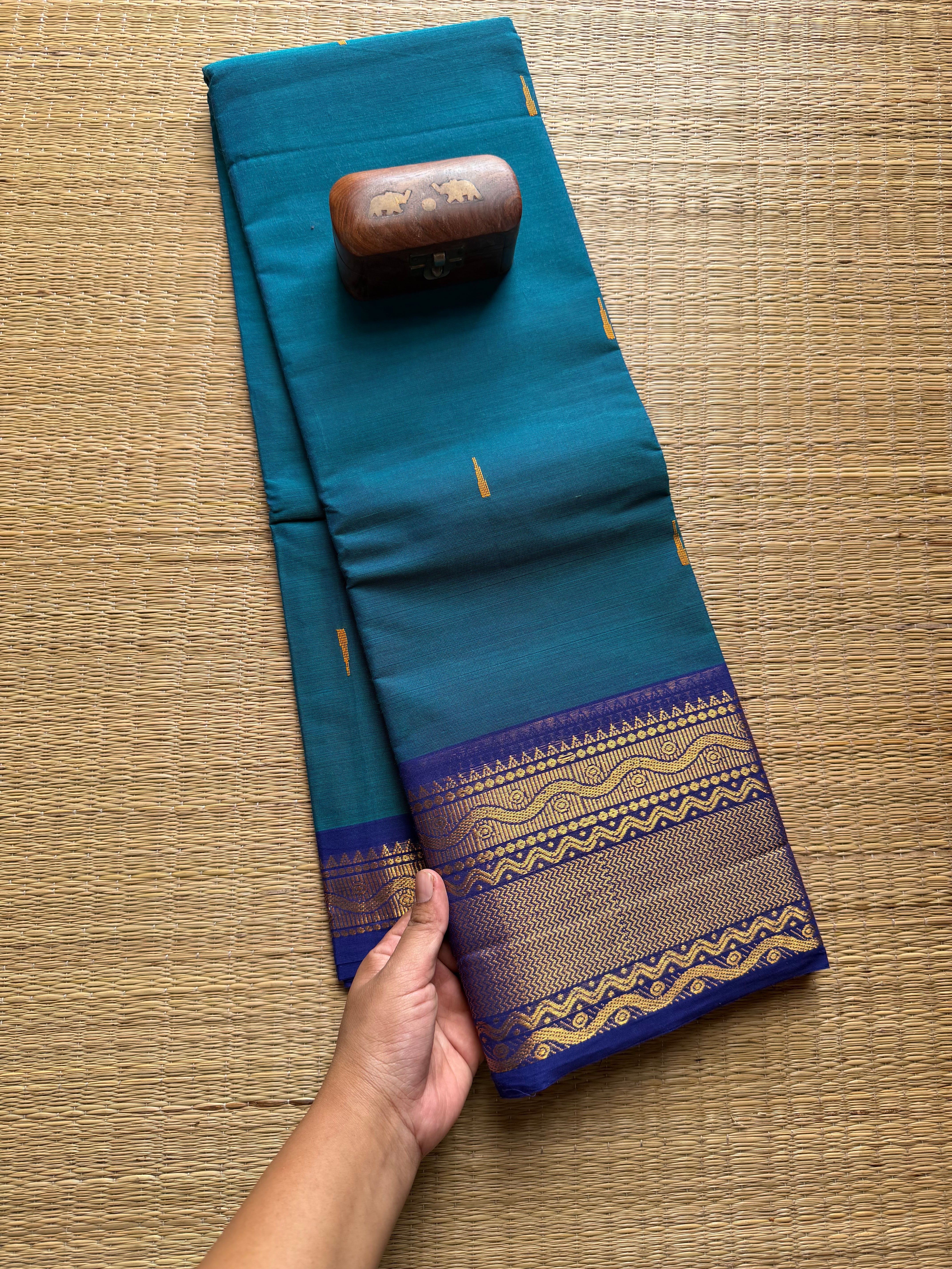 Peacock Blue With Royal Blue Combination Saree With Handmade Thread Buttas