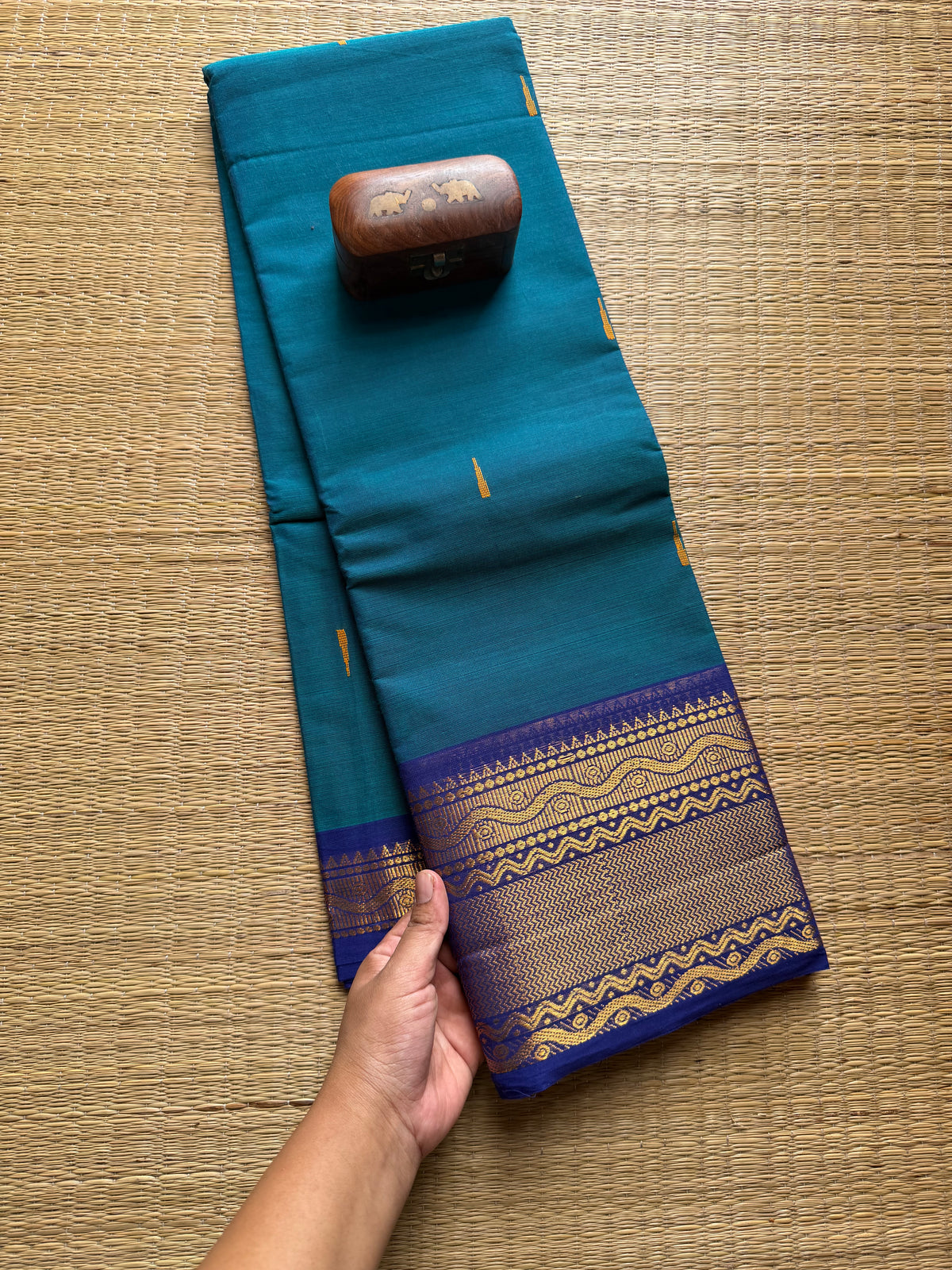 Peacock Blue With Royal Blue Combination Saree With Handmade Thread Buttas