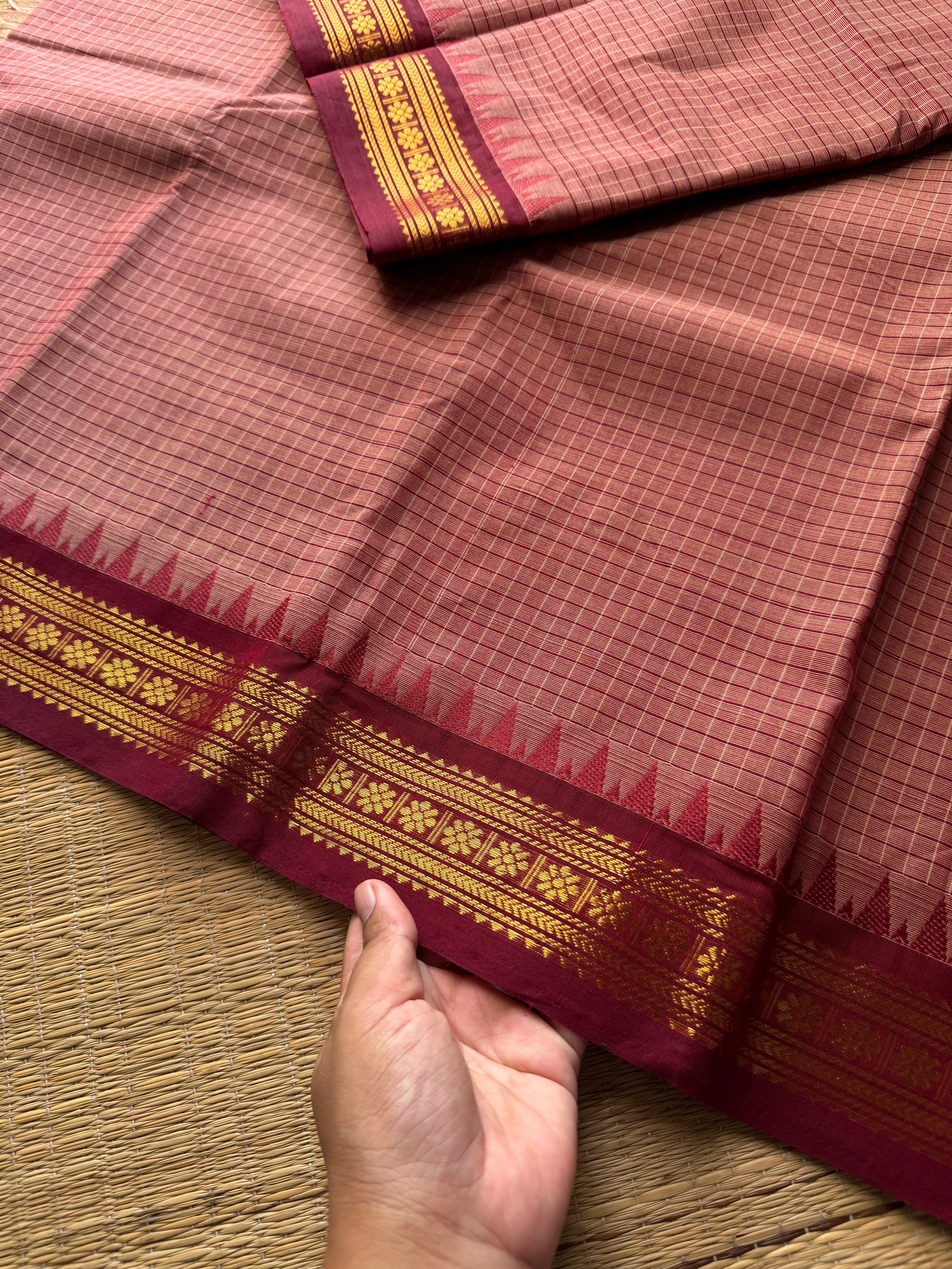 RF716 Onion pink with maroon Podikattam Kanchi cotton saree with small border