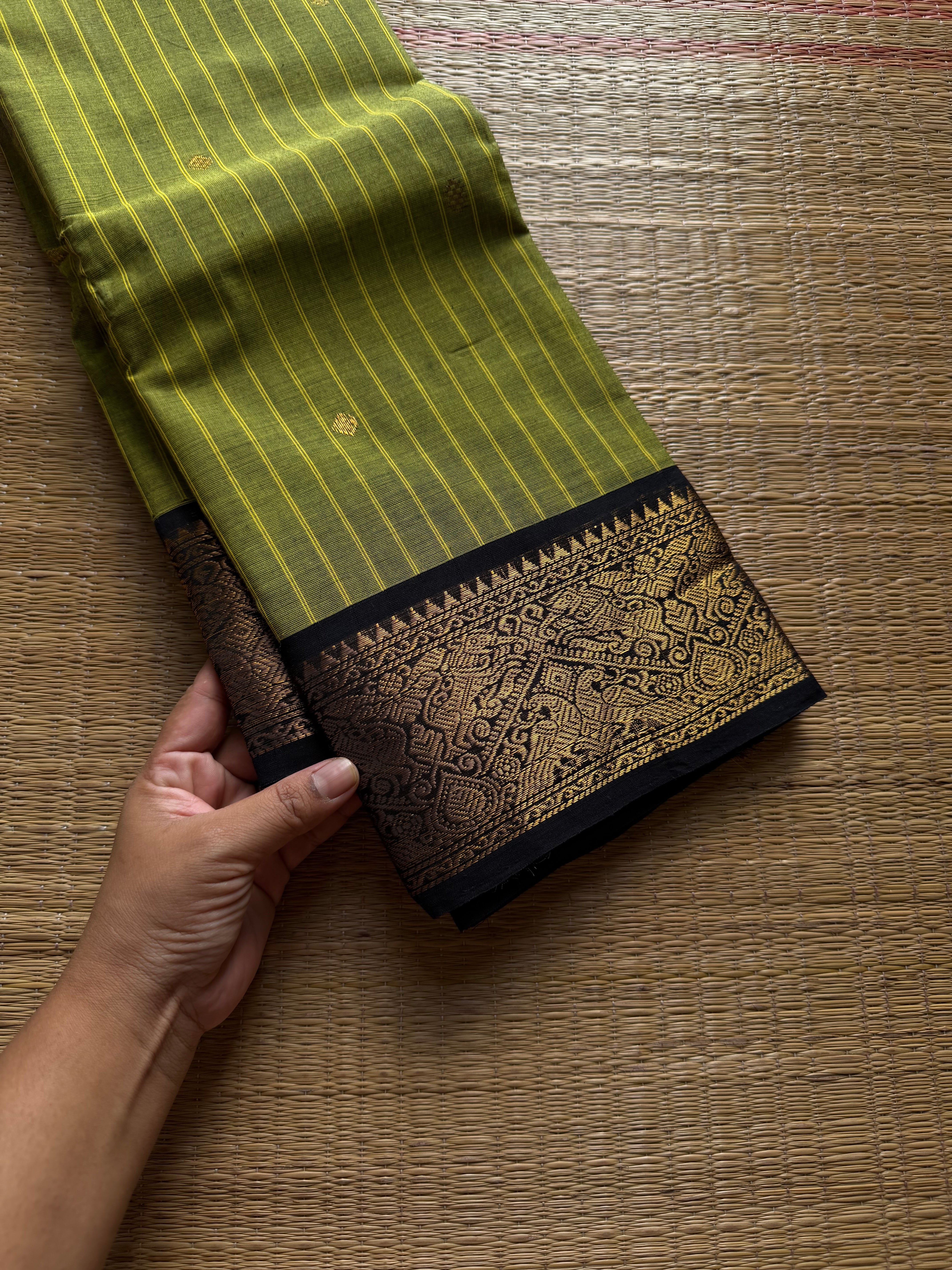 RF1408 Green with black ~ Vanasingaram border Kanchi cotton saree with handmade thread buttas