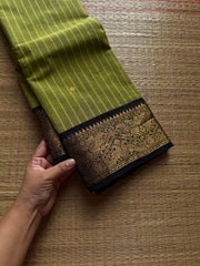 RF1408 Green with black ~ Vanasingaram border Kanchi cotton saree with handmade thread buttas