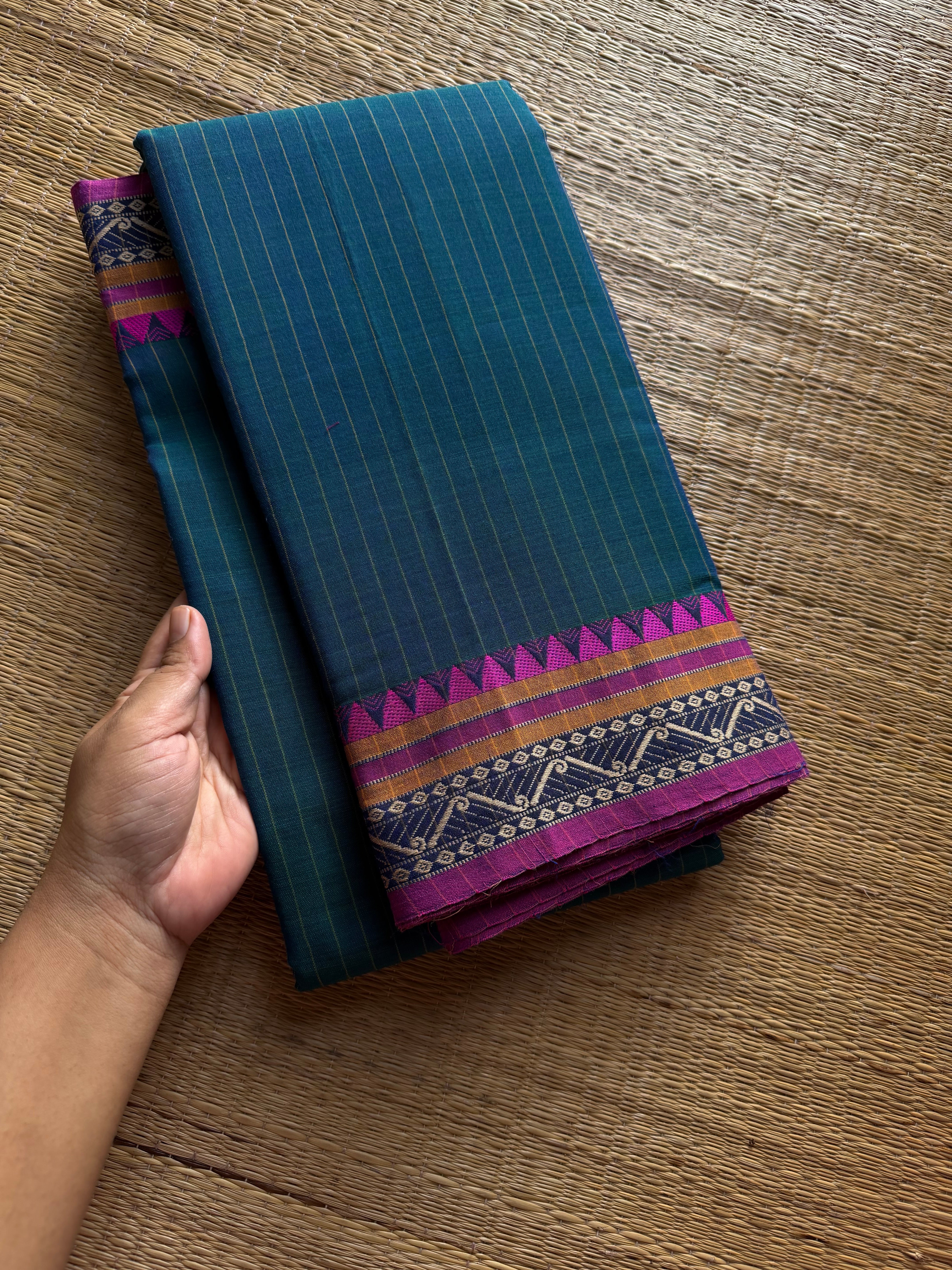 RF1312 Peacock blue shade ~ Narayanpet Mercerised soft cotton saree with stripped pattern