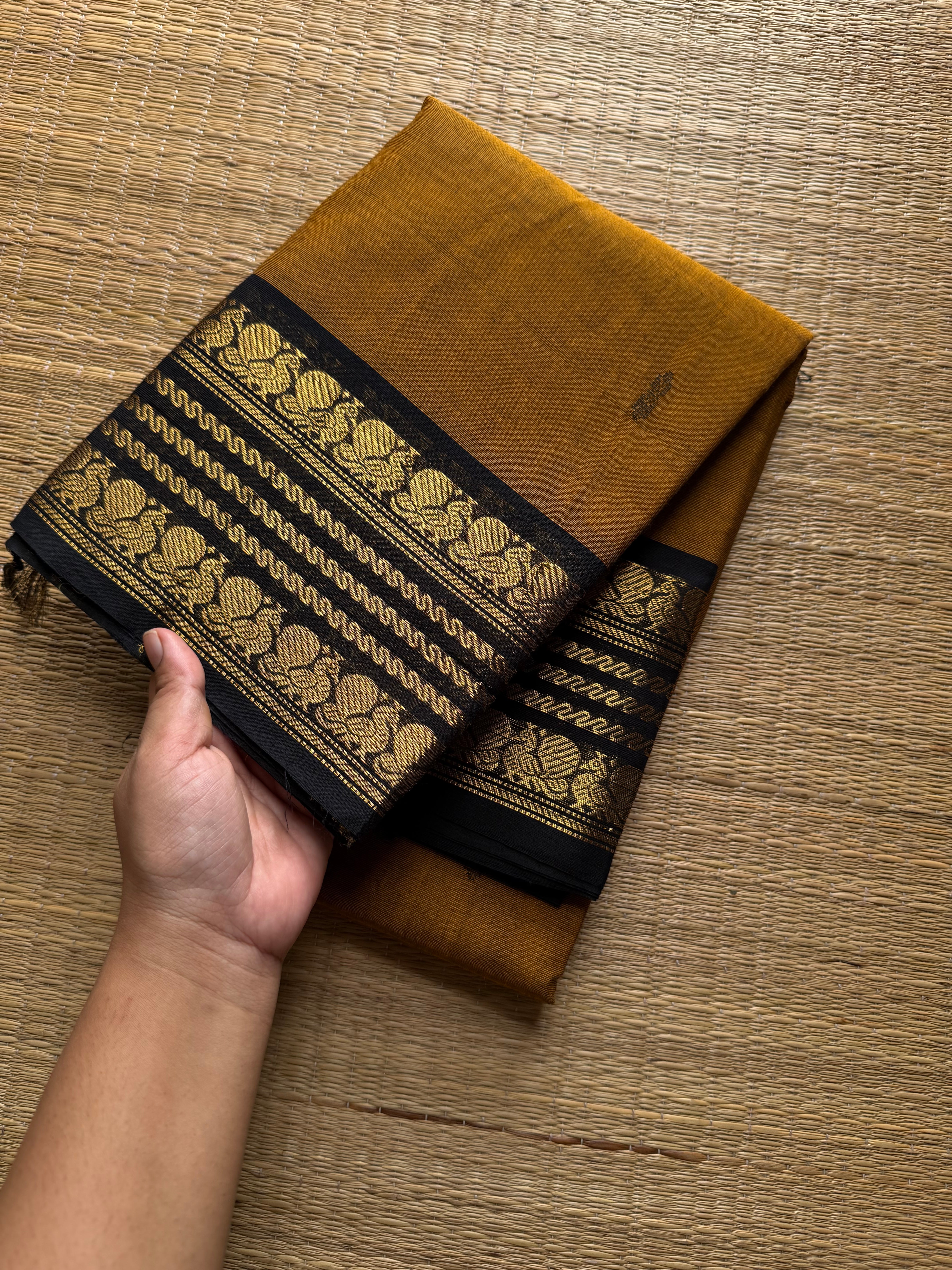 RF547 Mustard with black combination Kanchi cotton saree with handmade thread buttas