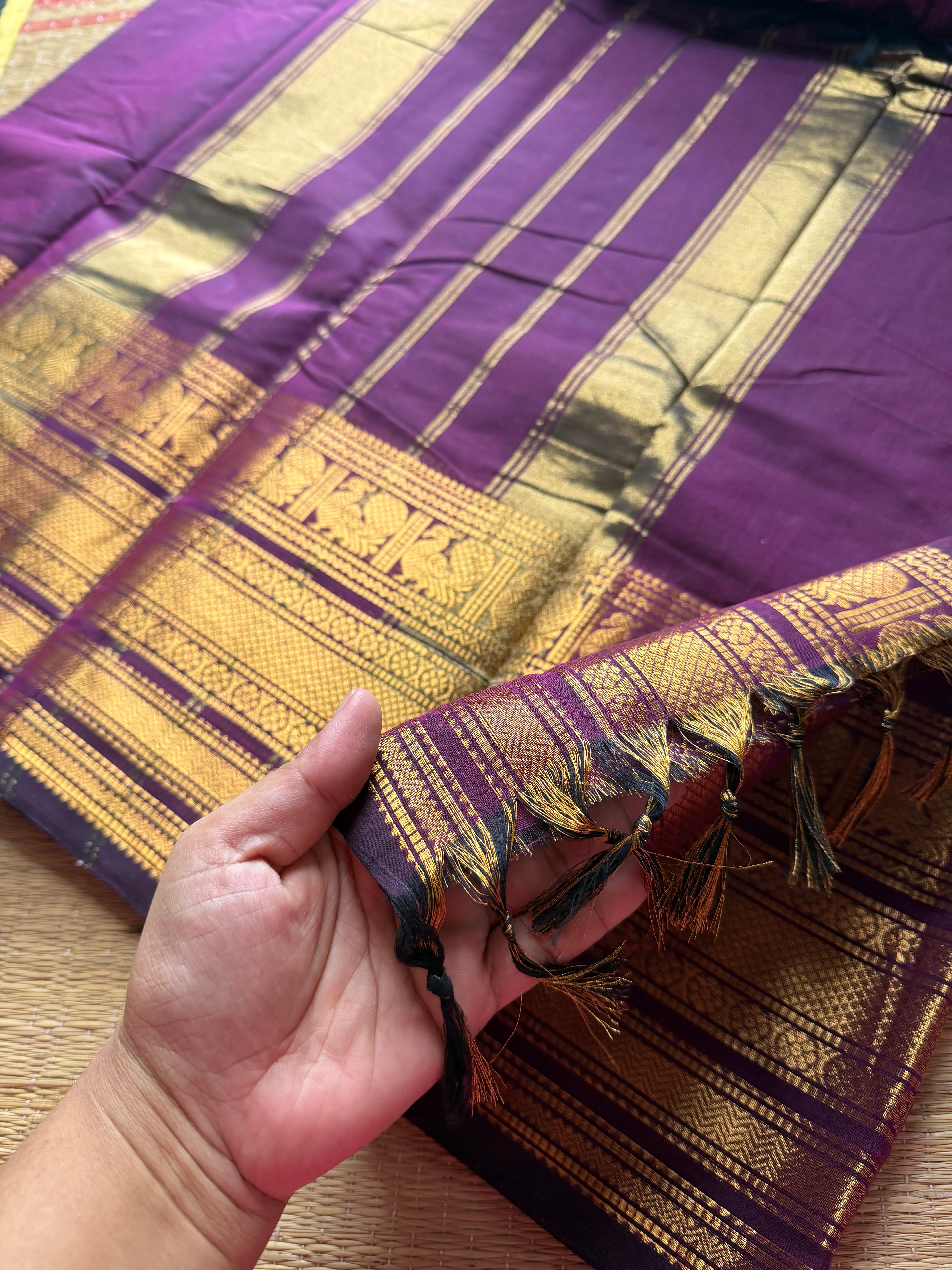 RF277 Monotone Deep Purple Shade Kanchi Cotton Saree With Silk Saree Inspired Varisaipet Border