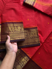 RF1423 Chilli red with brown ~ Vintage Podikattam / small checks Kanchi cotton saree with handmade thread buttas